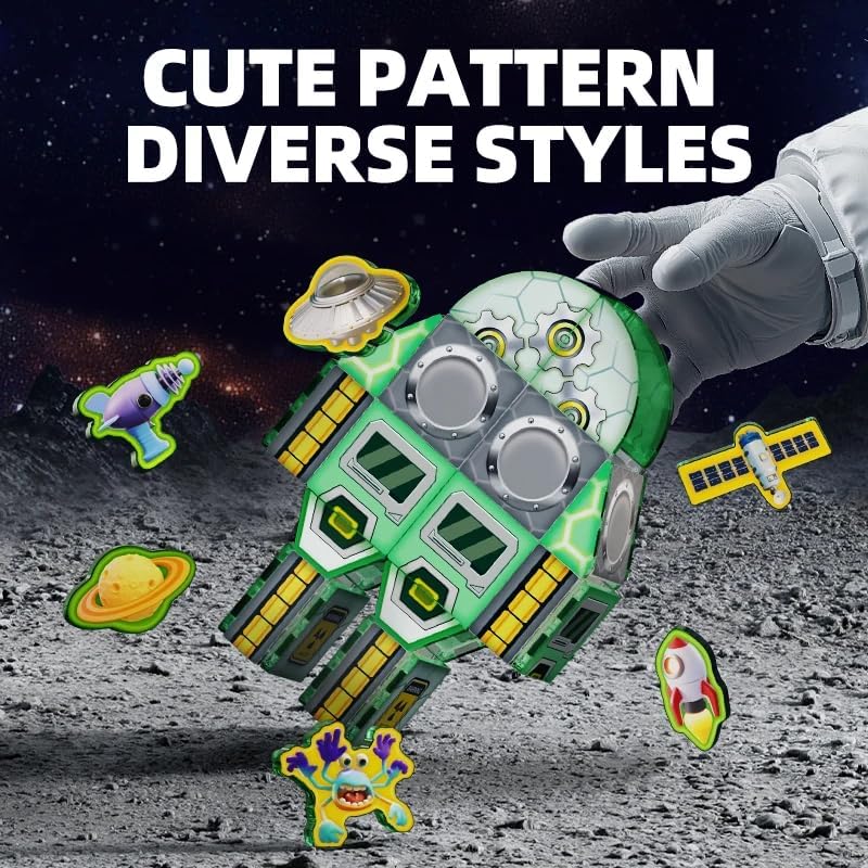 Image of Happy Hues Space Magnetic Tiles- Building Blocks for Kids 3D STEAM Educational Toys for Kids Age 3 +Year Old Boys Girls Creative Gift (66 Pcs Magnetic Space)