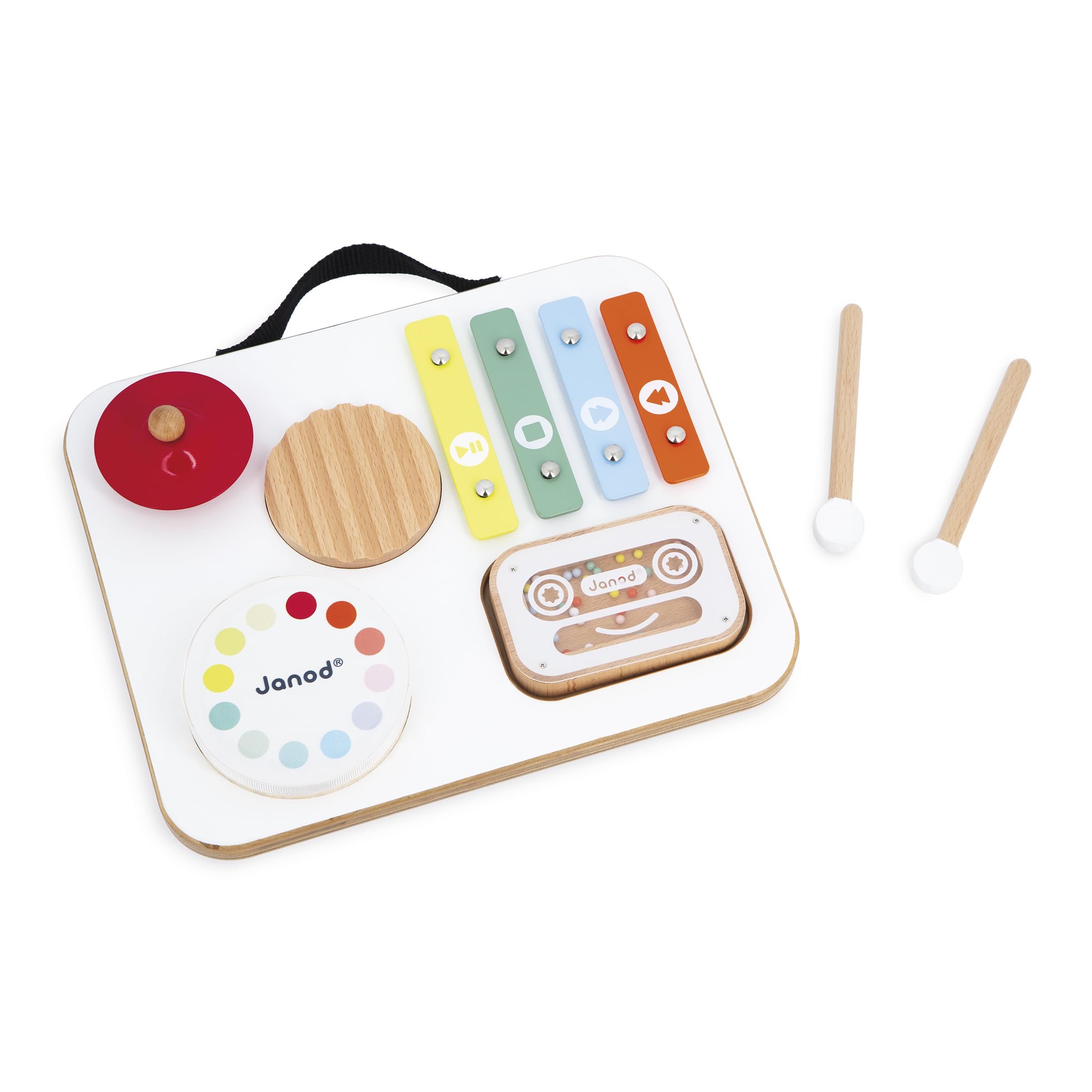Janod - Wooden Musical Table for Babies and Toddlers with 5 Activities + 1 Bead Box + 2 Drumsticks - Kids Musical Instrument - Pretend Play and Musical Awakening Toy - From 12 Months