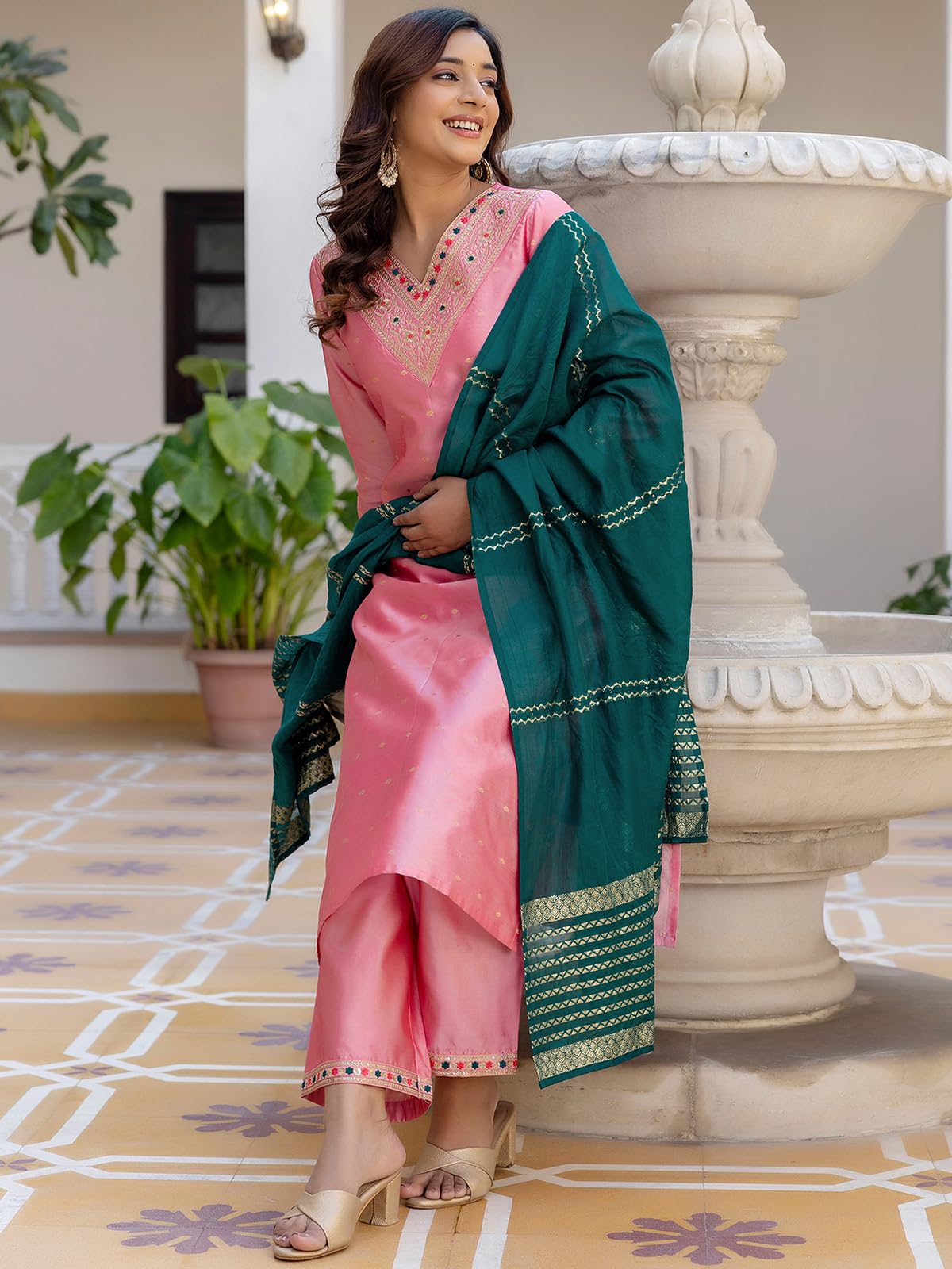 Sanisa Women's Tafetta Embroidery And Sequins Work & Weaving Straight Kurta With Pant And Dupatta Set (204Kbd2166N-L_Dull Pink)