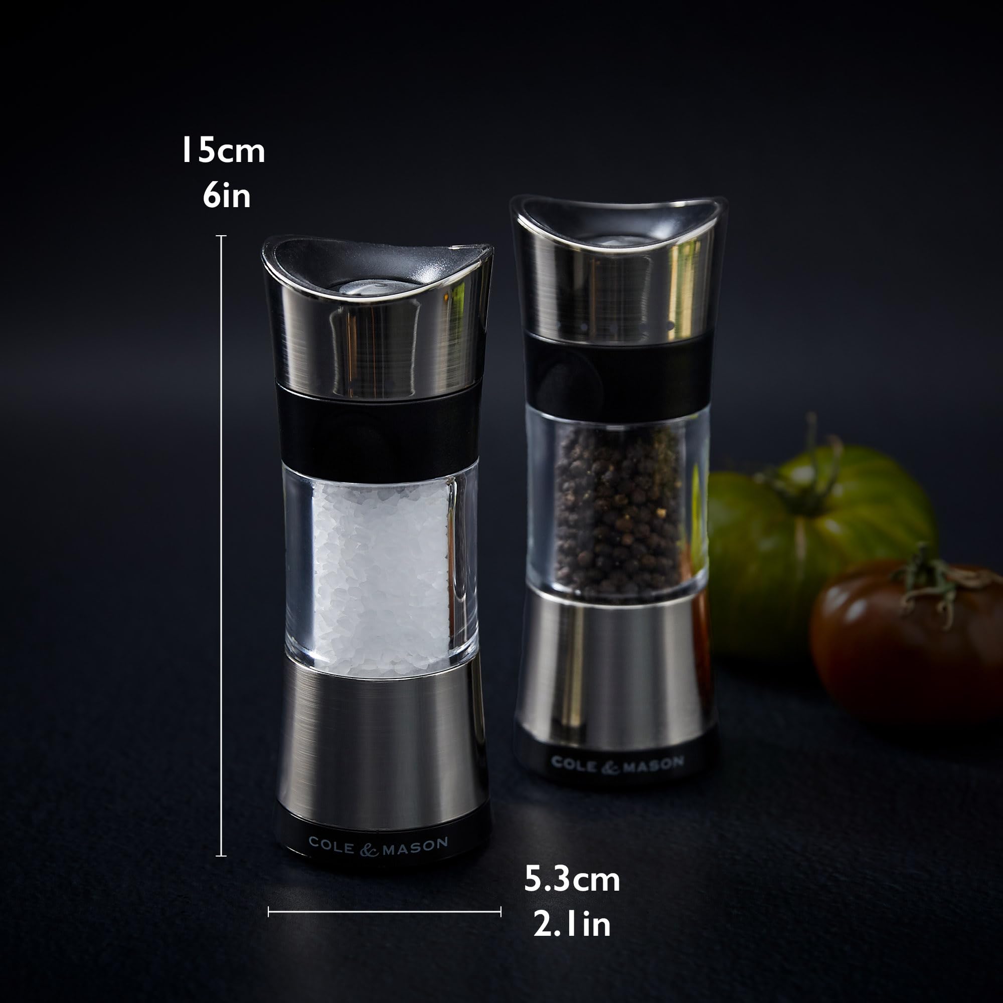 Cole & Mason H306598P Horsham Cromo Macina Sale e Pepe, Precision+, Macinatura Regolabile, Cromo, Acrilico, 154mm, Pacco Regalo, Include 2 x Mulini