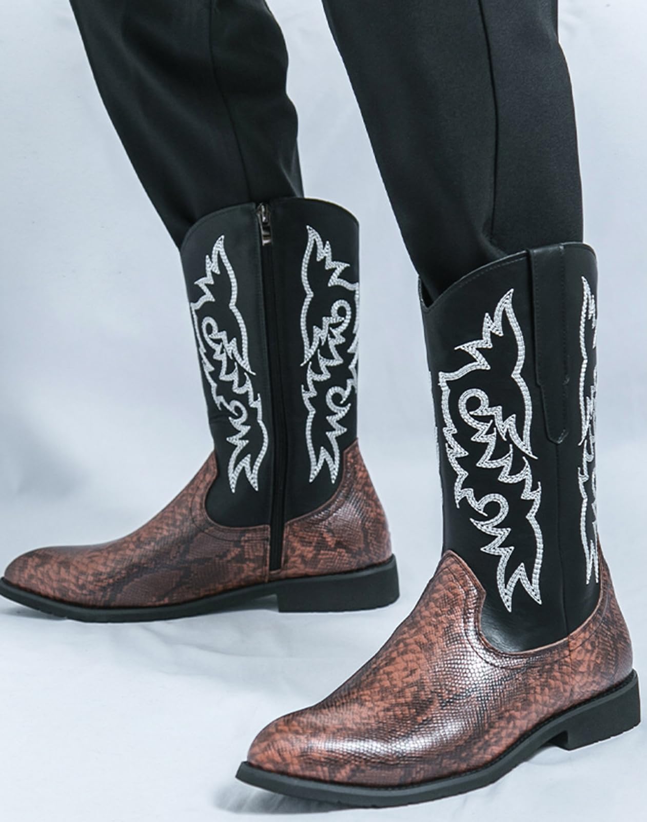 Stivali da Cowboy Uomo Stile Western Stampa Serpente Pelle | Sintetica Ricamati Stivaletti con Cerniera Laterale Suola in Gomma