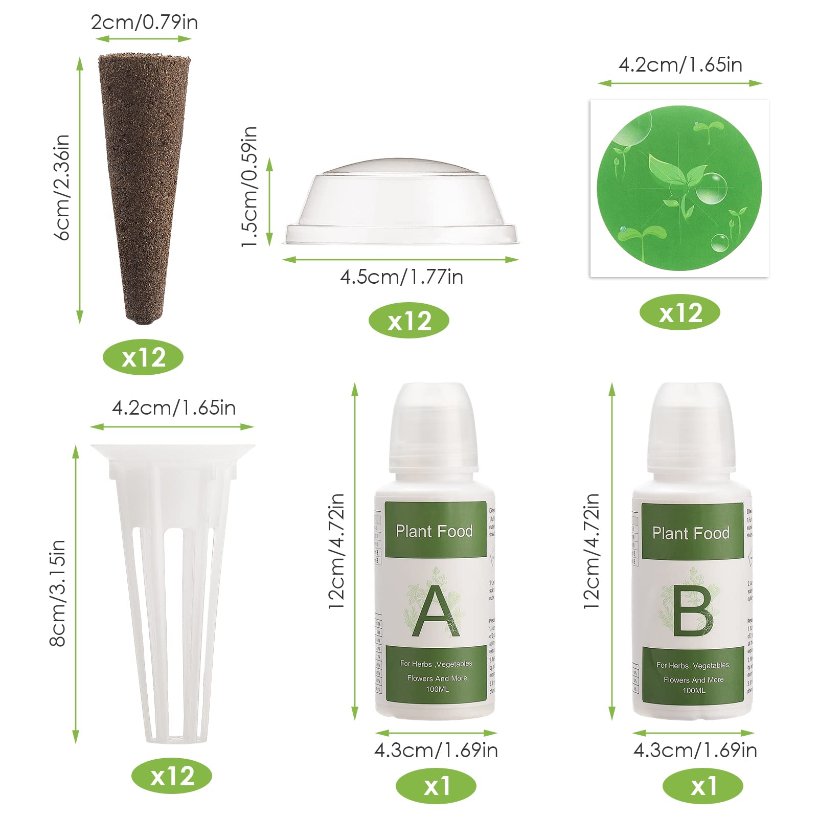Kit de Cápsulas de Semillas para Aerogarden, Kit de Cultivo para Hidroponía, Kit de Cápsulas de Plantas A&B Fertilización de Plantas Sólidas con Cestas de Cultivo, Esponjas de Cultivo,(12 piezas)