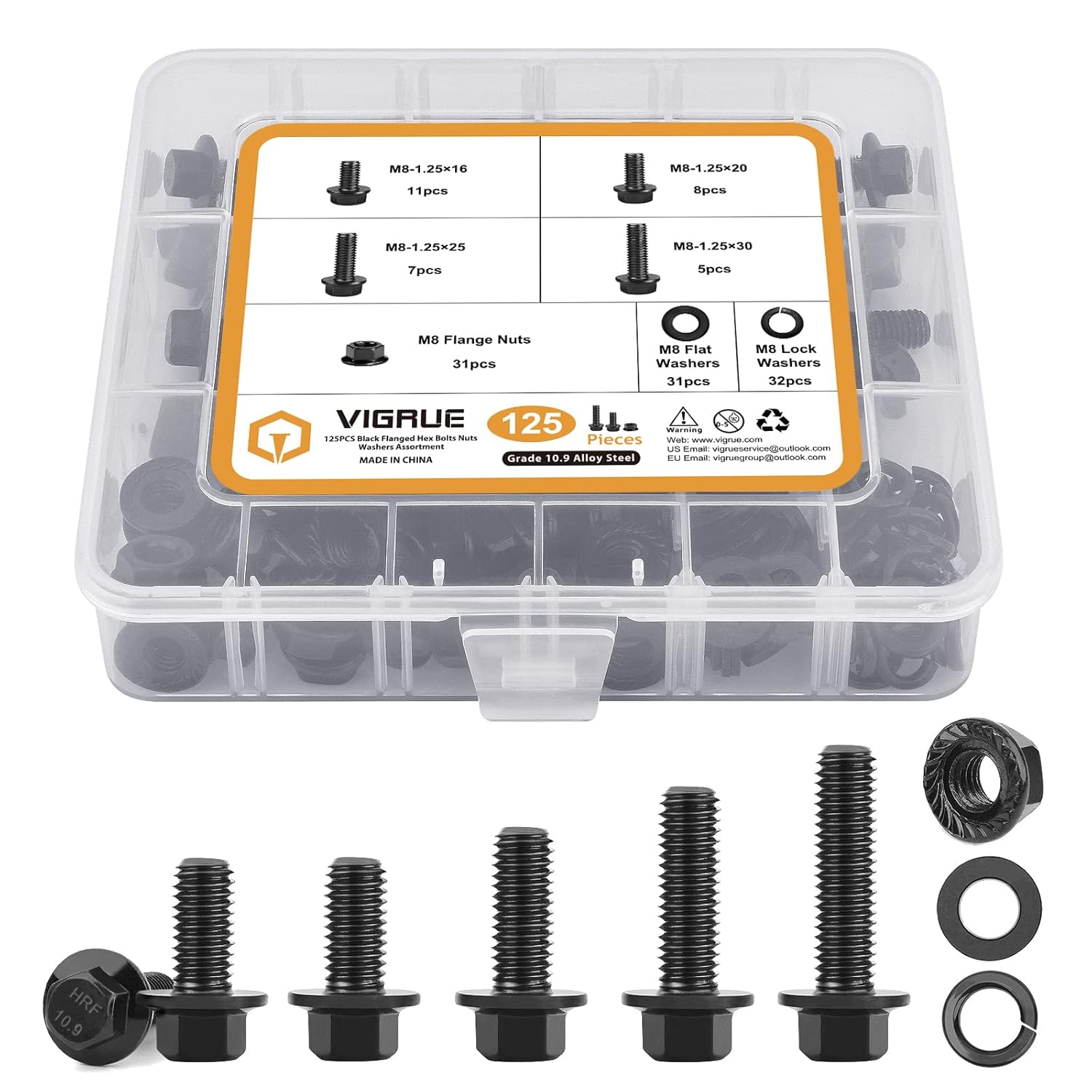 VIGRUE 125PCS M8-1.25 x 16/20/25/30mm Hex Flange Bolts Nuts Washers Kit, Metric Bolt and Nut Assortment, Black Assorted Nuts and Bolts, Full Coarse Thread, Class 10.9 Alloy Steel