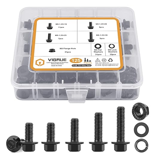 VIGRUE 125PCS M8-1.25 x 16/20/25/30mm Hex Flange Bolts Nuts Washers Kit, Metric Bolt and Nut Assortment, Black Assorted Nuts and...