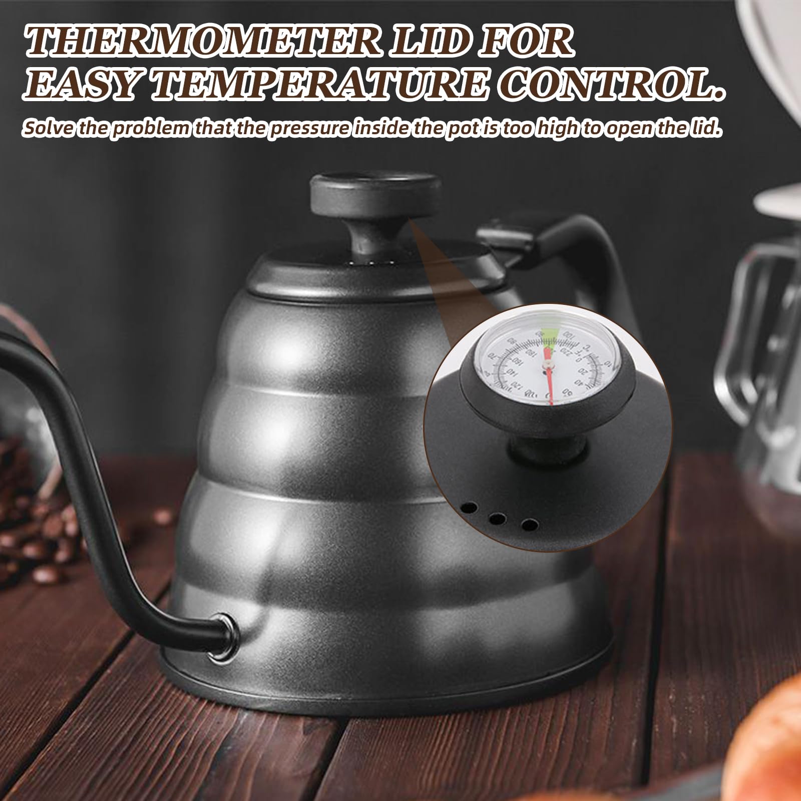 Aicharynic Bollitore a collo di cigno, 1200 ml/40 oz in acciaio inox, bollitore a collo di cigno con termometro per tutti i tipi di fornelli per un rapido riscaldamento dell'acqua, nero