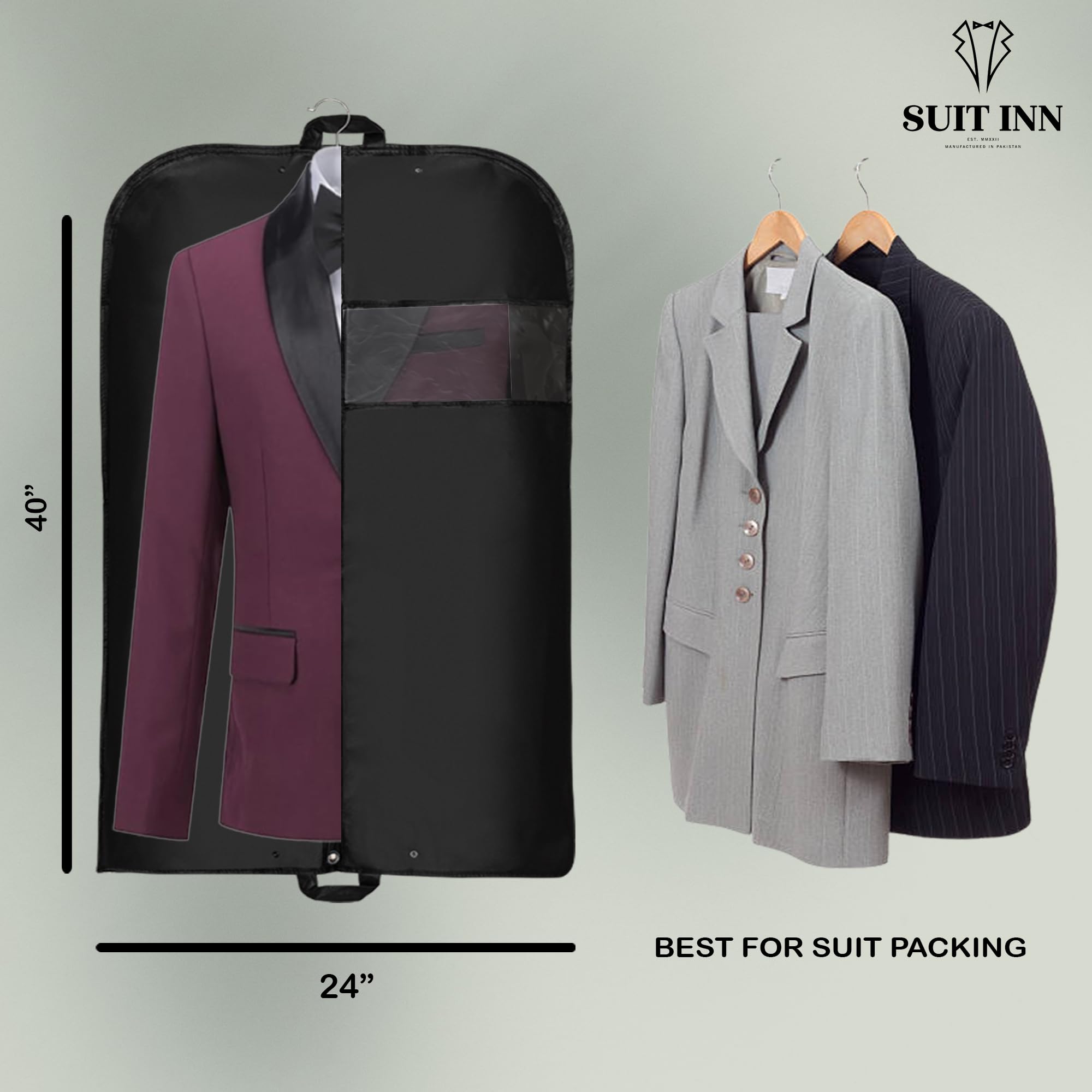 Suit inn 5pcs Garment Bags for travel 40 inches - Waterproof Suit Bag with Strong Zipper & Transparent Window, Dust & Odor Free Breathable Fabric - Perfect for Hanging clothes (40