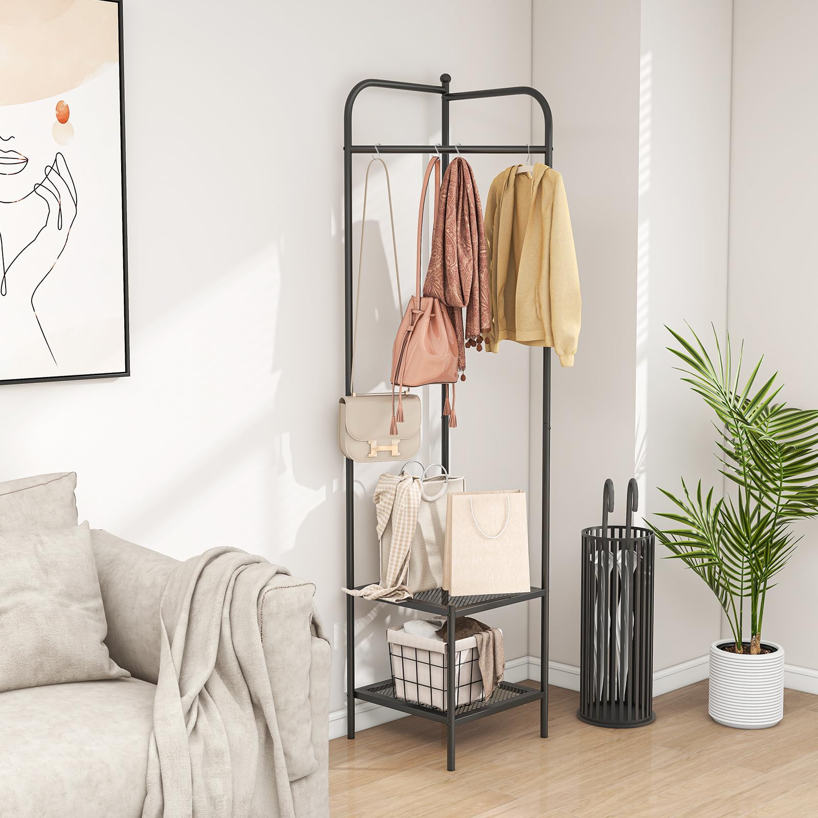 COSTWAY Porte Manteau sur Pieds, Portant a Vetement Solide avec Cintre Supérieur et 2 Étagères en Maille, Kits Anti-Basculement, Vestiaire d'Entrée, Hauteur 193,5 cm, pour Entrée, Chambre (Noir)