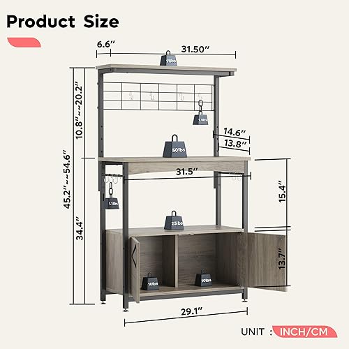 Miniatura 15 de Bestier Estantes para panadería con armario de almacenamiento, altura ajustable de 45 a 55 pulgadas, soporte para microondas para cocina con ruedas