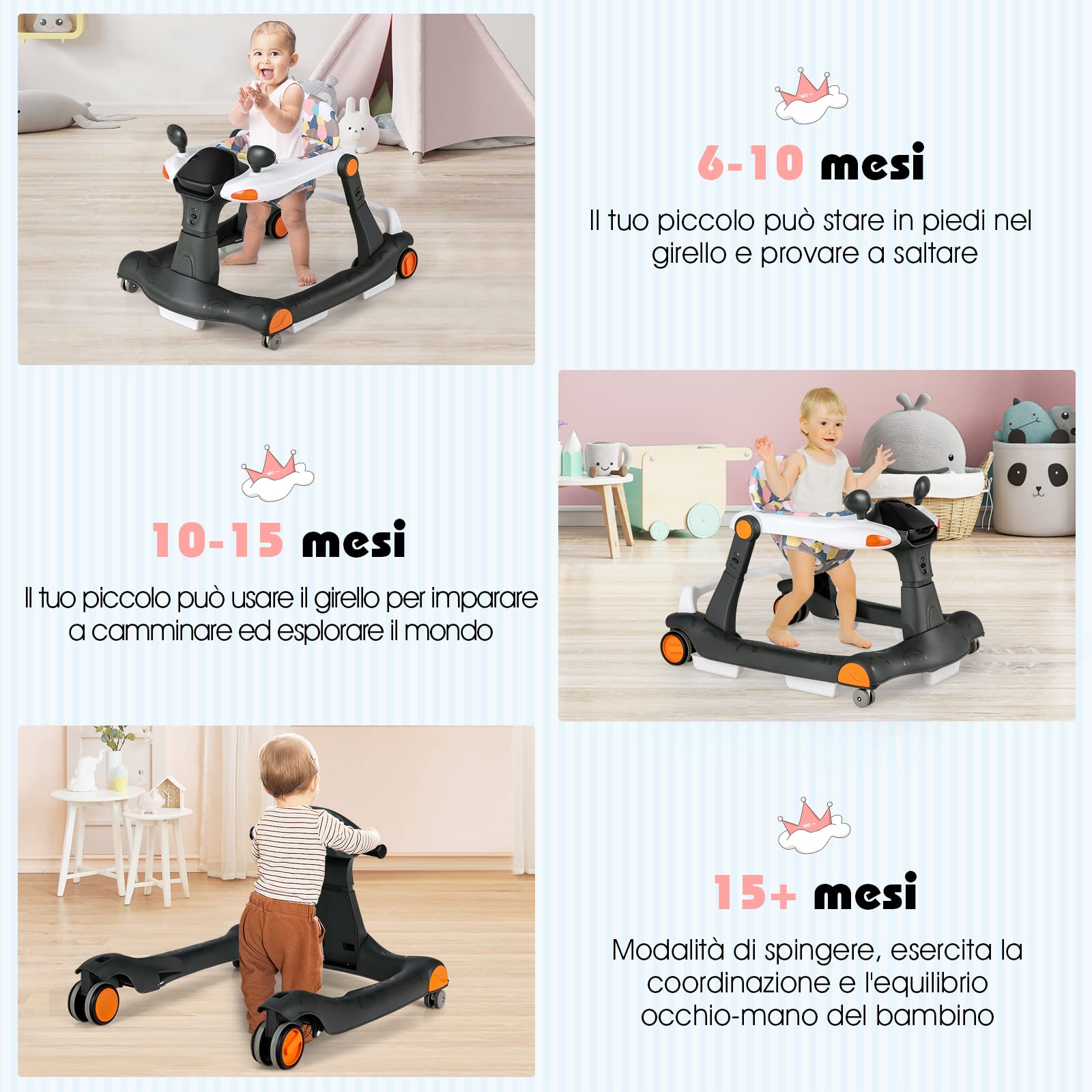 RELAX4LIFE 2 in 1 Girello Neonato 6-18 Mesi, Primi Passi per Bambini con Altezza e Velocità Regolabili, Girello Pieghevole con Musica e Luce, Cuscino Rimovibile e Lavabile, Fino a 15 KG (Nero)