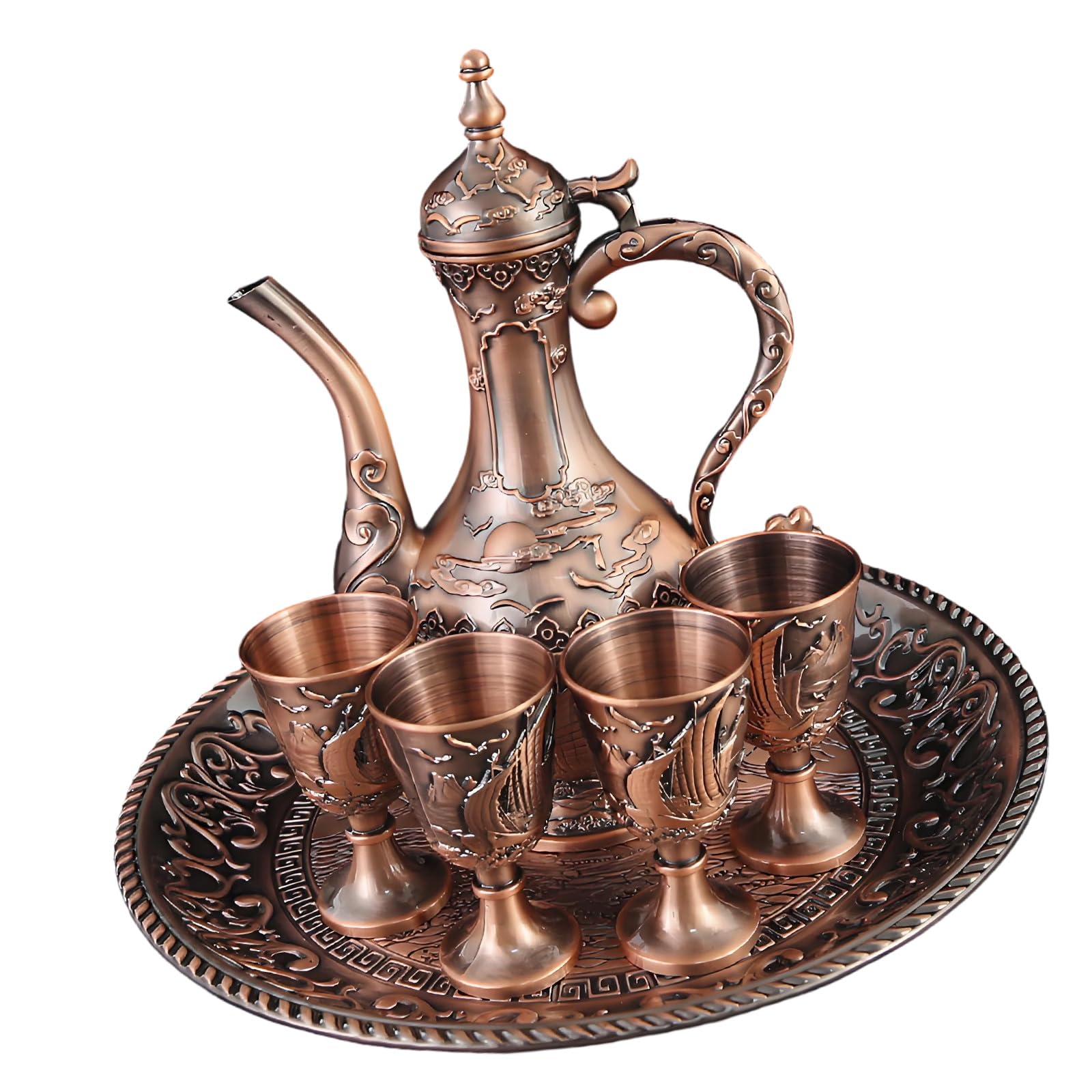 Ornate Zinc Alloy Wine Pots and Glasses Goblet Cups, Vintage Engraved Metal Serving Vessel for Home Entertaining Display and Banquet Decor Ceremonial Drinkware Pitcher Ornate Wine Pots Vintage Home