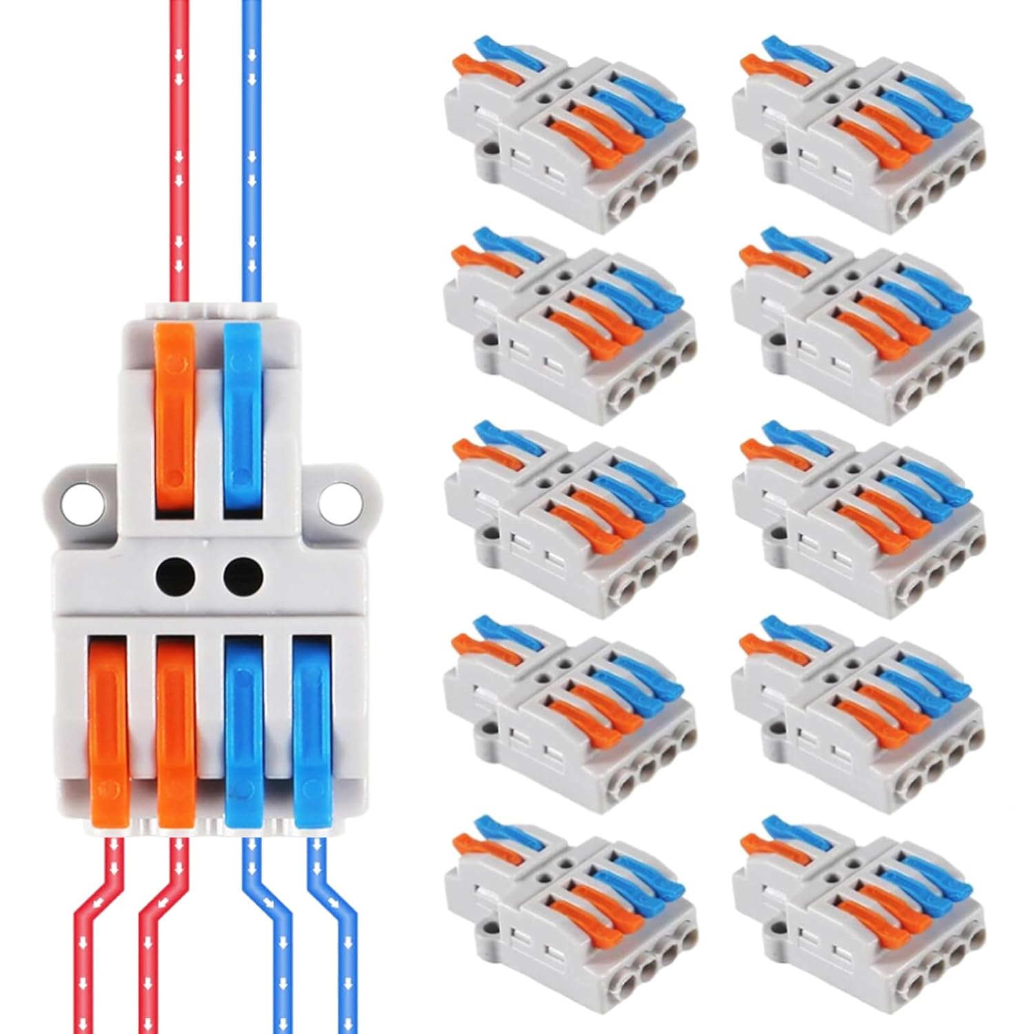 10pcs Lever Wire Connectors 2 in 4 Out Quick Wiring Cable Connector Compact Wire Terminal Block for 28-12 AWG, 28-14 AWG
