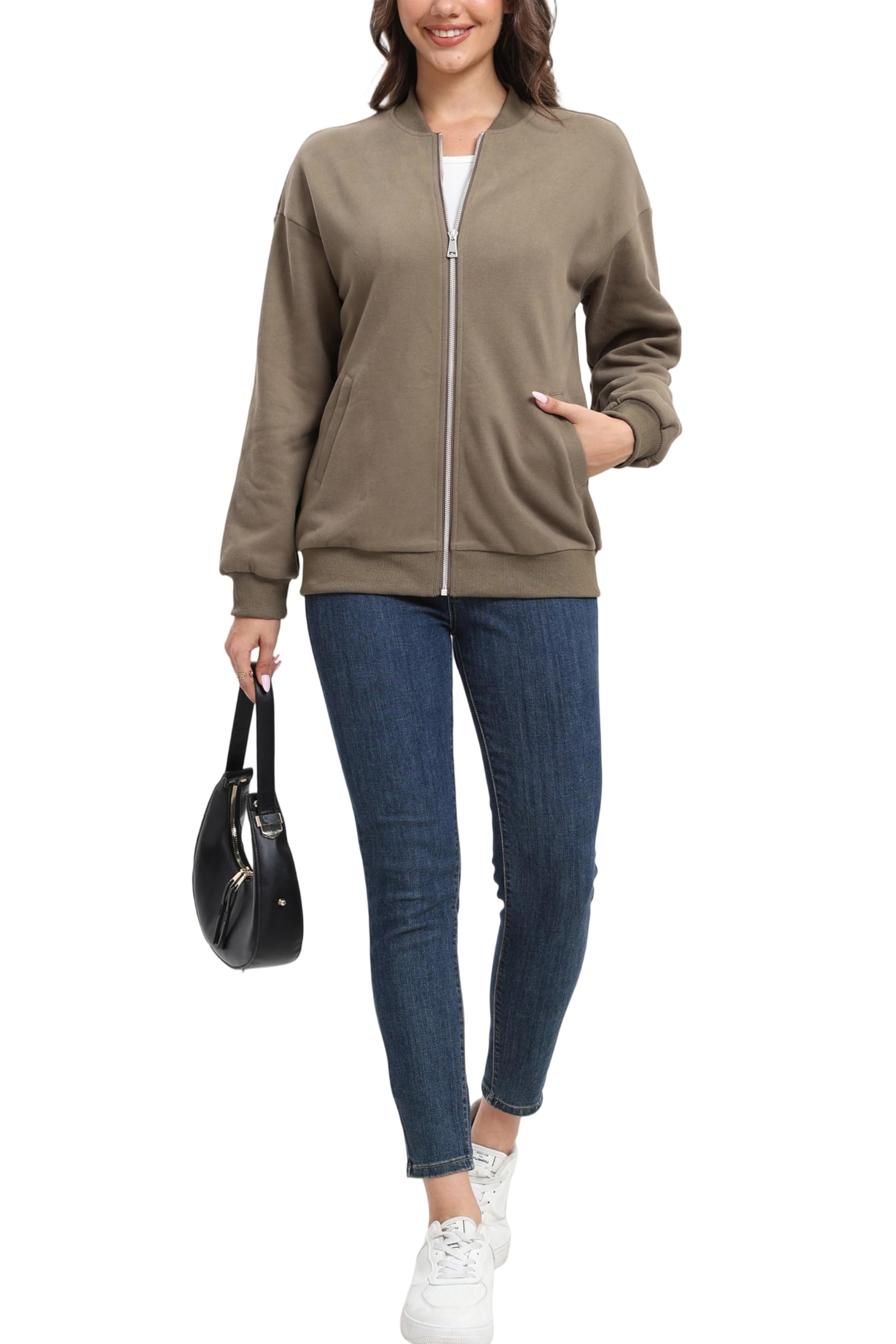 Timuspo Sweat zippé pour femme - Veste de survêtement décontractée - Veste demi-saison - Printemps - Automne - Blouson avec col universitaire - Vêtement d'extérieur - Veste bomber unie