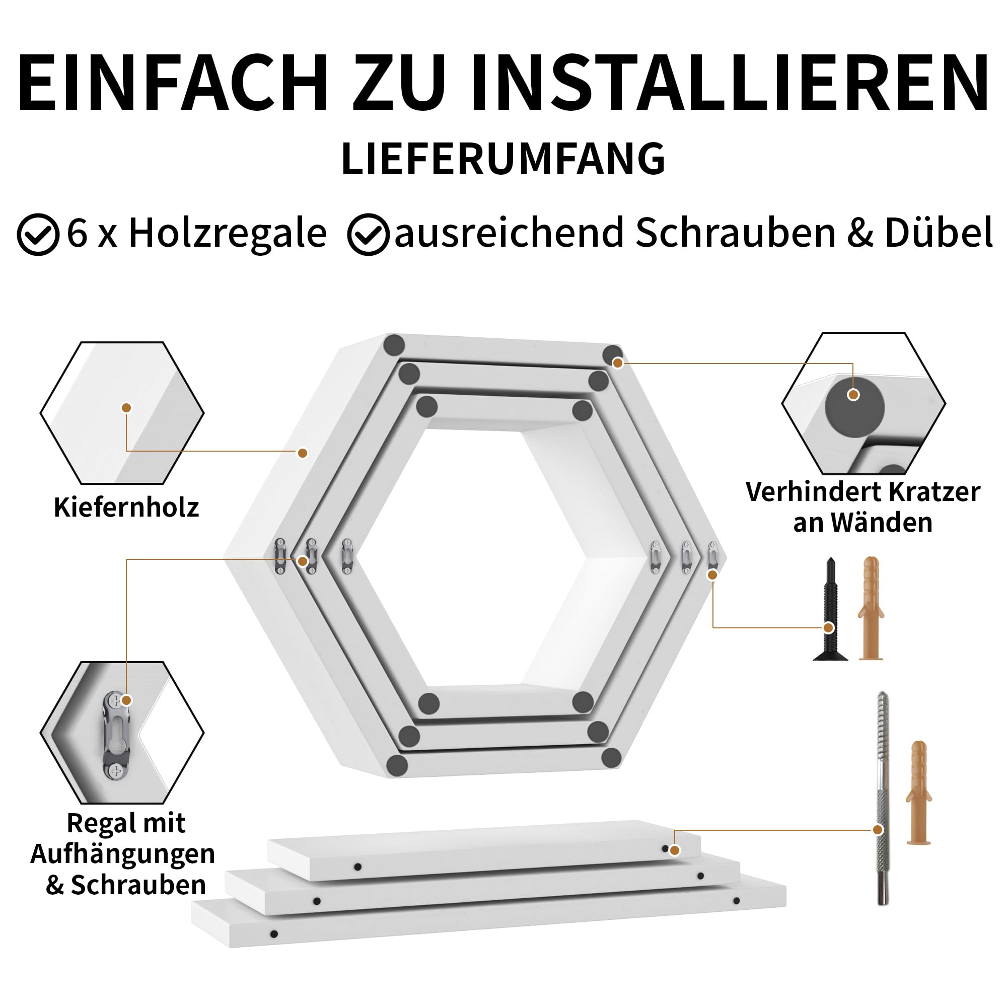 Weiße Sechseckige Schwebende Holz-Wandregale, 6er-Set Massivholz Hängeregal zur Dekoration & Aufbewahrung, Modernes Wabenregal für Wohnzimmer, Schlafzimmer, Badezimmer, Küche und Büro