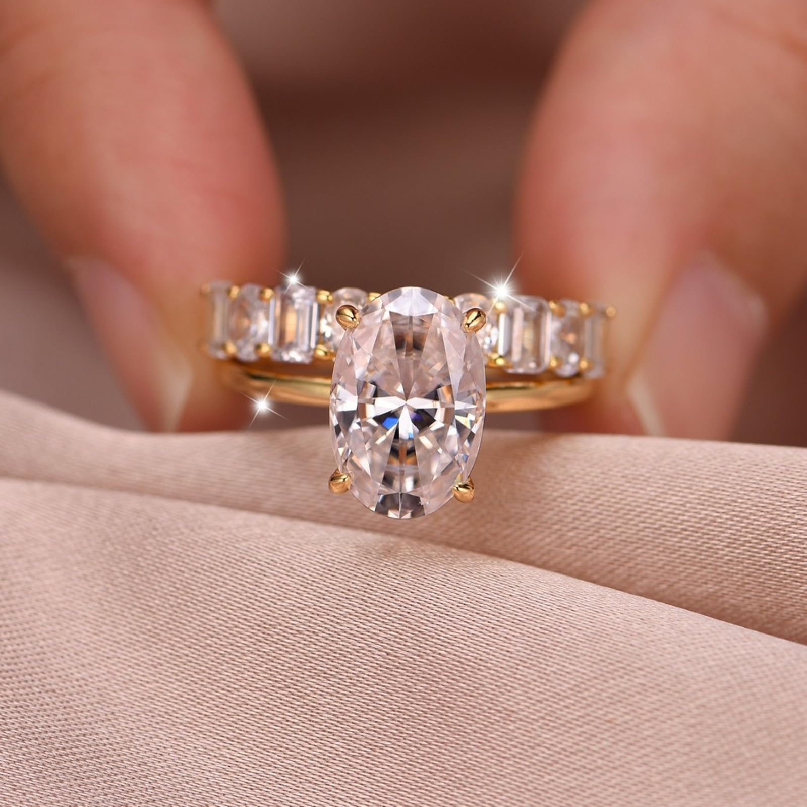 Pierścionek zaręczynowy, złoty moissanite, pierścionek damski, białe złoto, 2 sztuki, z moissanitem 4,5 ct, możliwość układania w stos, prawdziwe złoto