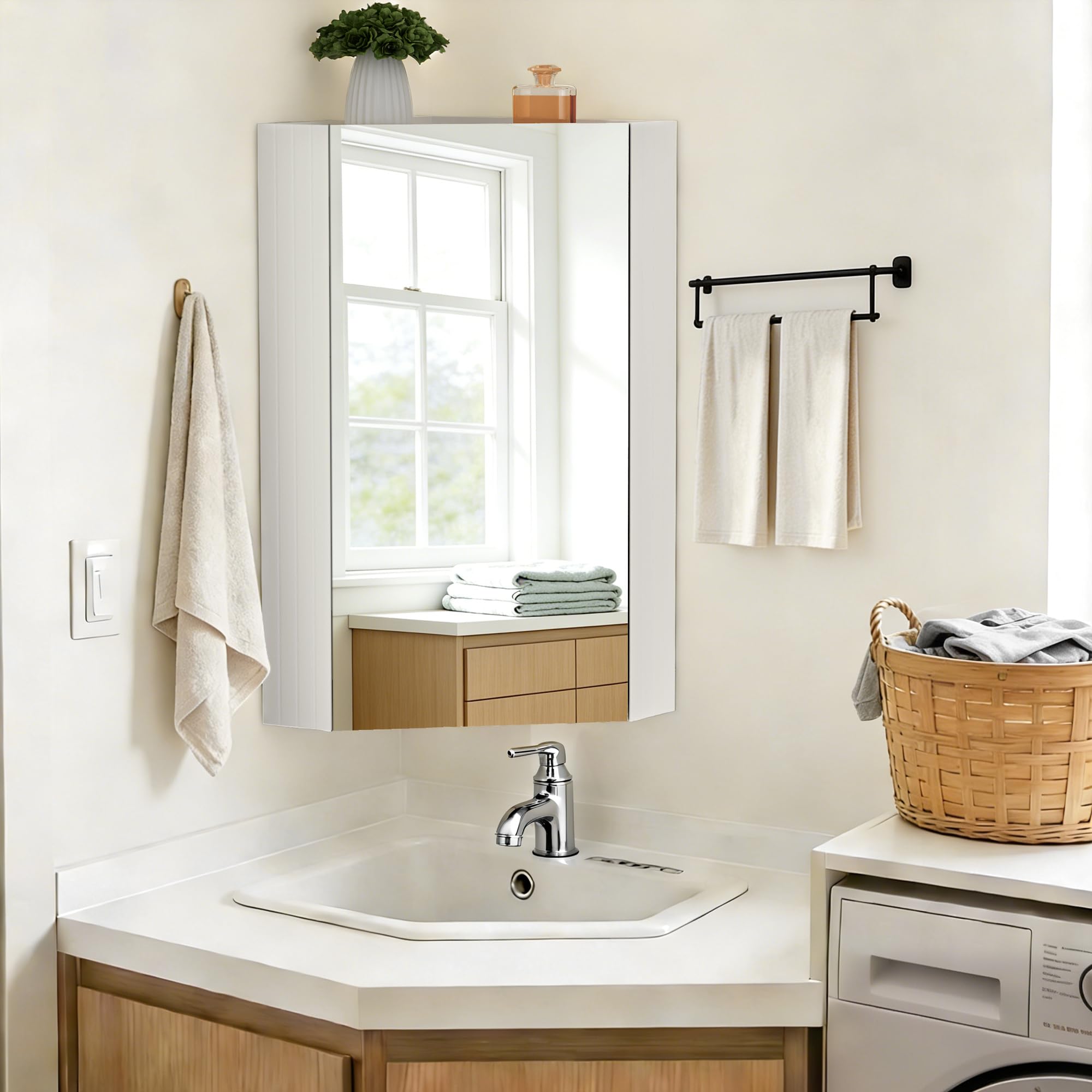 Pamapic Armario de Baño, Gabinete de Esquina de Baño, Armario Espejo para Baño con 3 Niveles, Mueble de Pared con Espejo HD, Armario Baño Pared, Muebles de Baño, 32x32x65 cm, Blanco