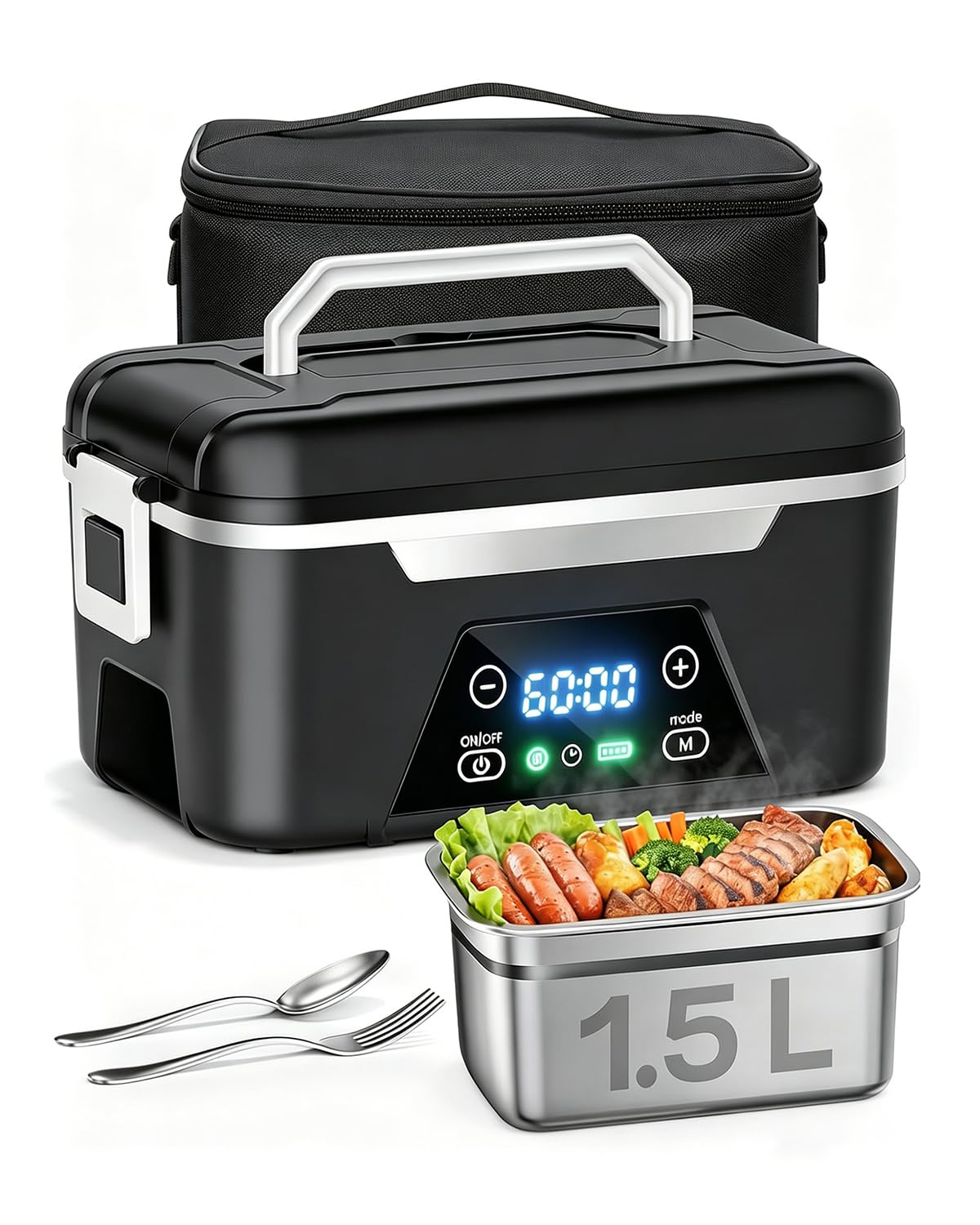 LANMOU Scaldavivande Elettrico Portatile, 1,5L Scaldavivande Batteria Ricaricabile USB, Batteria 18000 mAh, Timer, Acciaio Inox 304, Porta Pranzo Riscaldabile per Ufficio, Viaggio, Cantiere, Auto