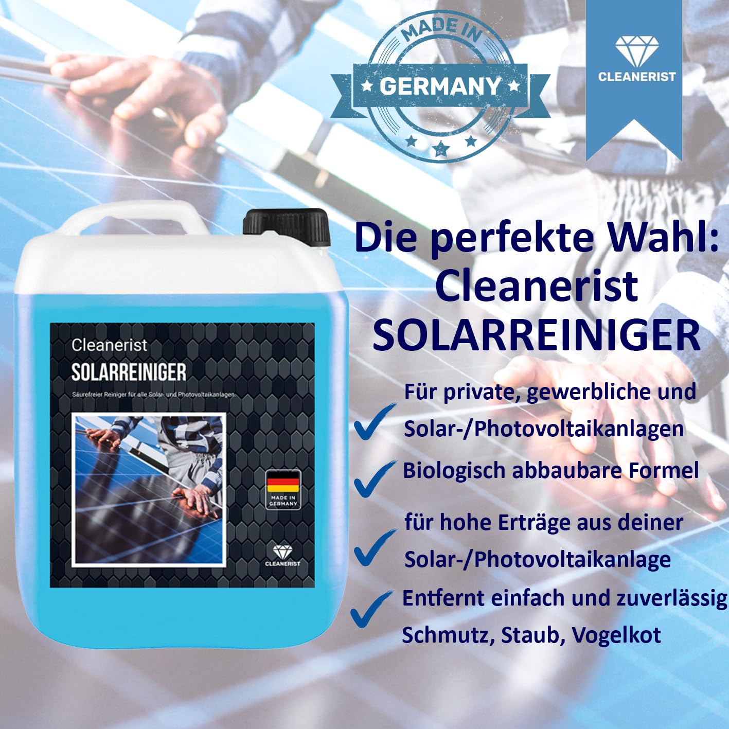 Cleanerist | 5 l di detergente per impianti fotovoltaici e solari – concentrato 1:50 – Impianto PV e pannelli solari per una maggiore efficienza dei pannelli solari (AP24)