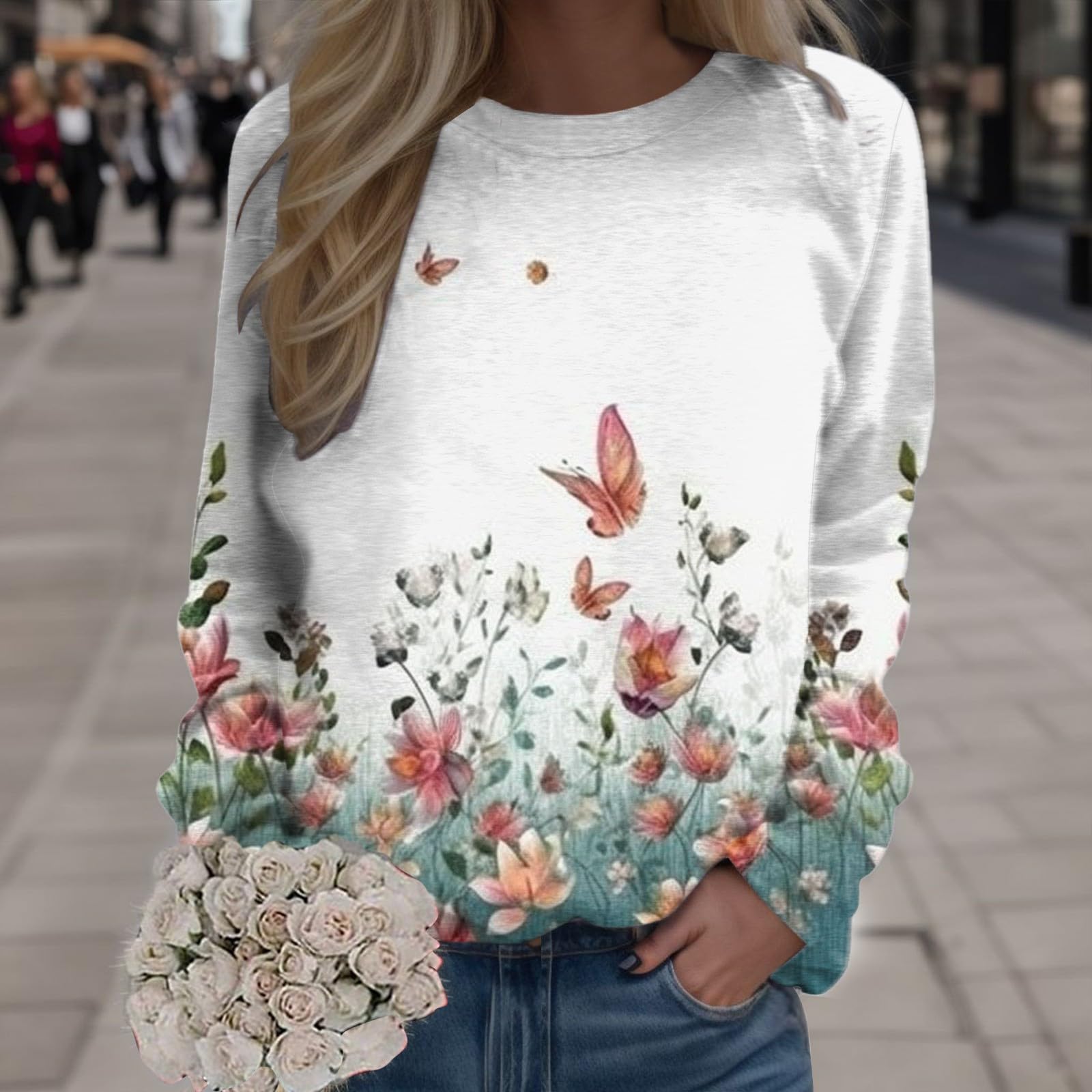 Pullover Damen Rundhals Pullover Bedruckte Mode Langarmshirt Baumwolle Basic Clubkleidung Lauschig Langärmlig Tops für Frauen Damene Herbst mit Blumenmuster Long Warm Pullover Fashion Shirt