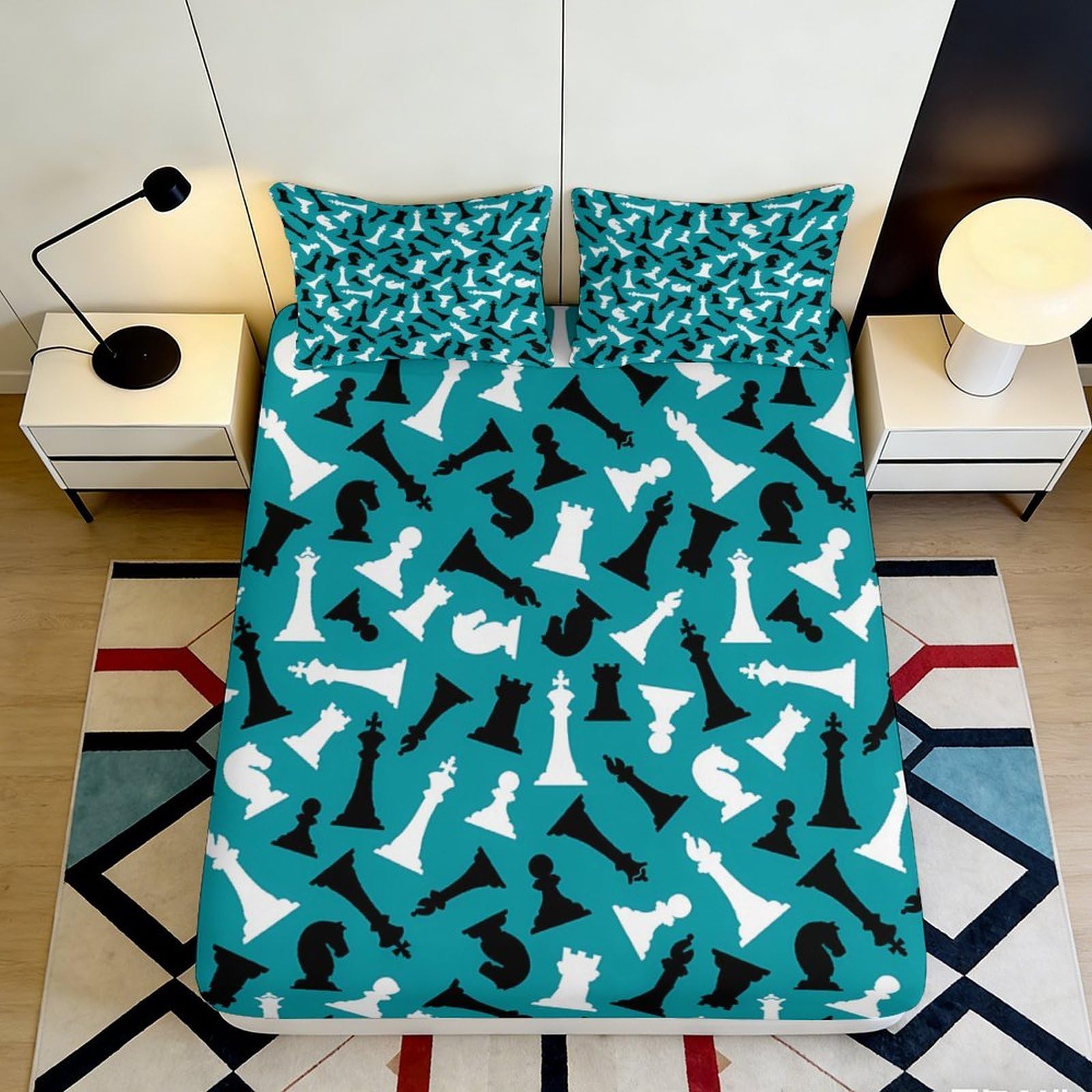 3D Printed Chess Pieces Pattern Fitted Sheet Microfiber Soft Non-slip Bed Cover for Bedroom Dorm Mattress Protection 180x200x25cm