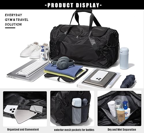 Miniatura 3 de Bolsa de gimnasio para mujeres y hombres, bolsa de lona para viajes con compartimento para zapatos y bolsillo húmedo, bolsa pequeña de mano para