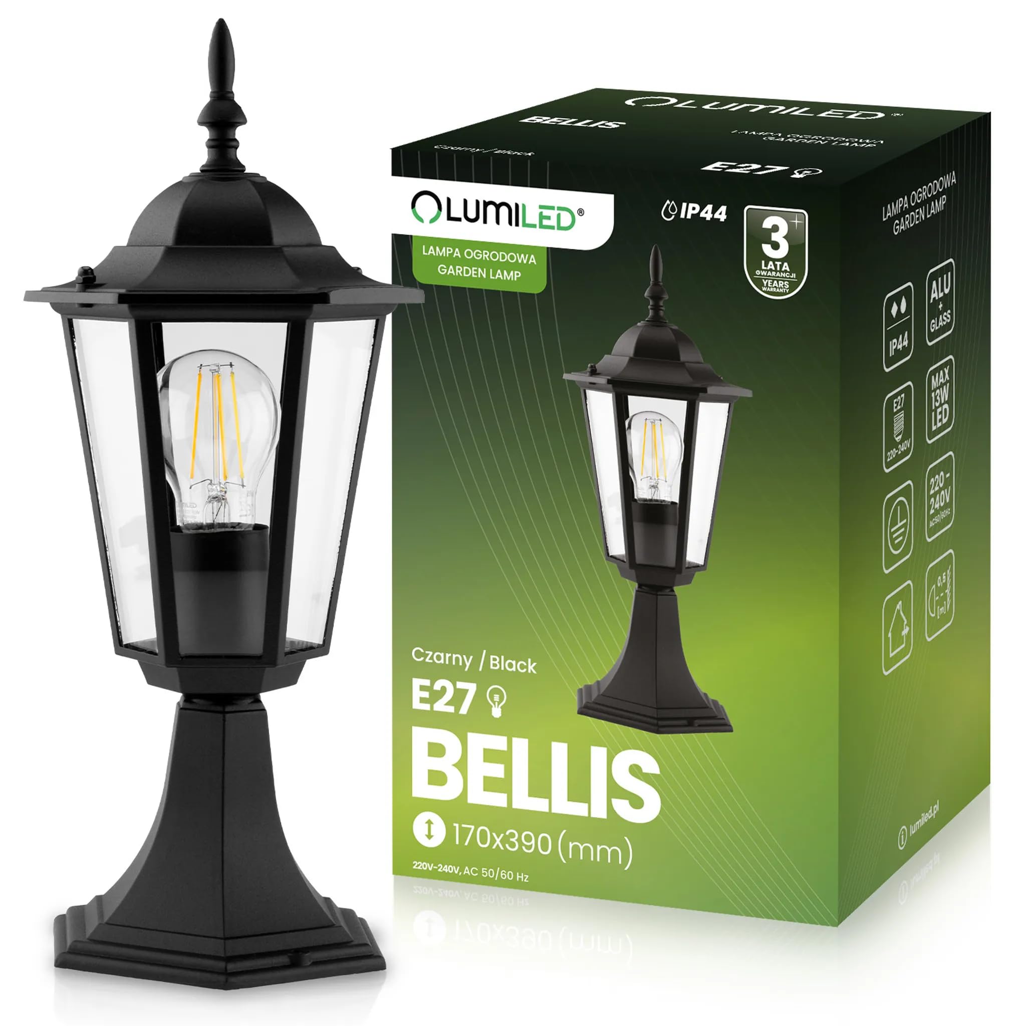 Lumiled Wegeleuchte Sockelleuchte Vintage 230V Außenleuchte Stehend Laterne Sockellampe Aussenleuchte Aluminium Schwarz Glas IP44 Wasserdicht E27 Fassung Outdoor Garten Retro Gartenlampe antik