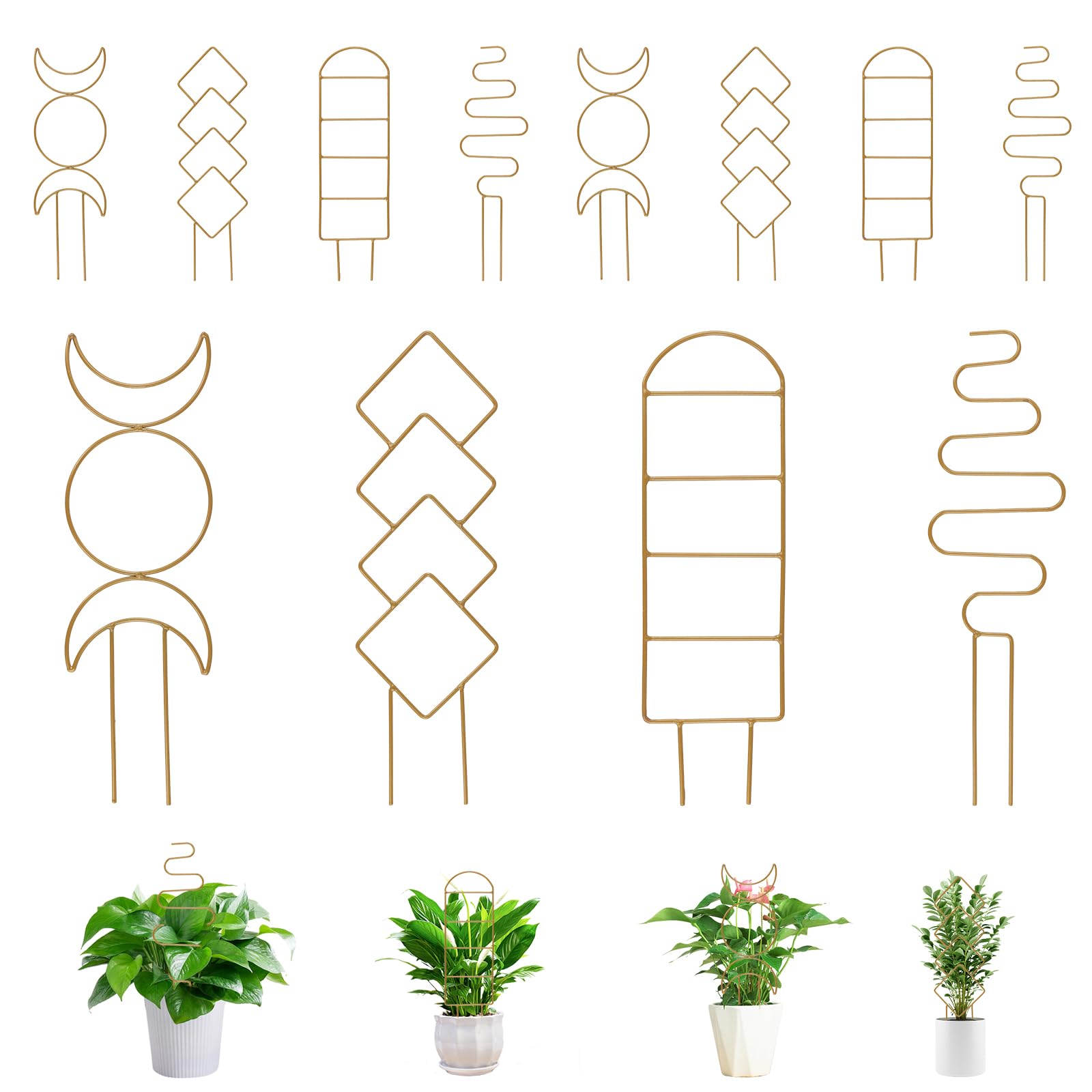 Lot de 12 treillis dorés pour plantes en pot d'intérieur, petits treillis métalliques avec 4 motifs différents, support de plantes grimpantes pour jardin, plante d'intérieur