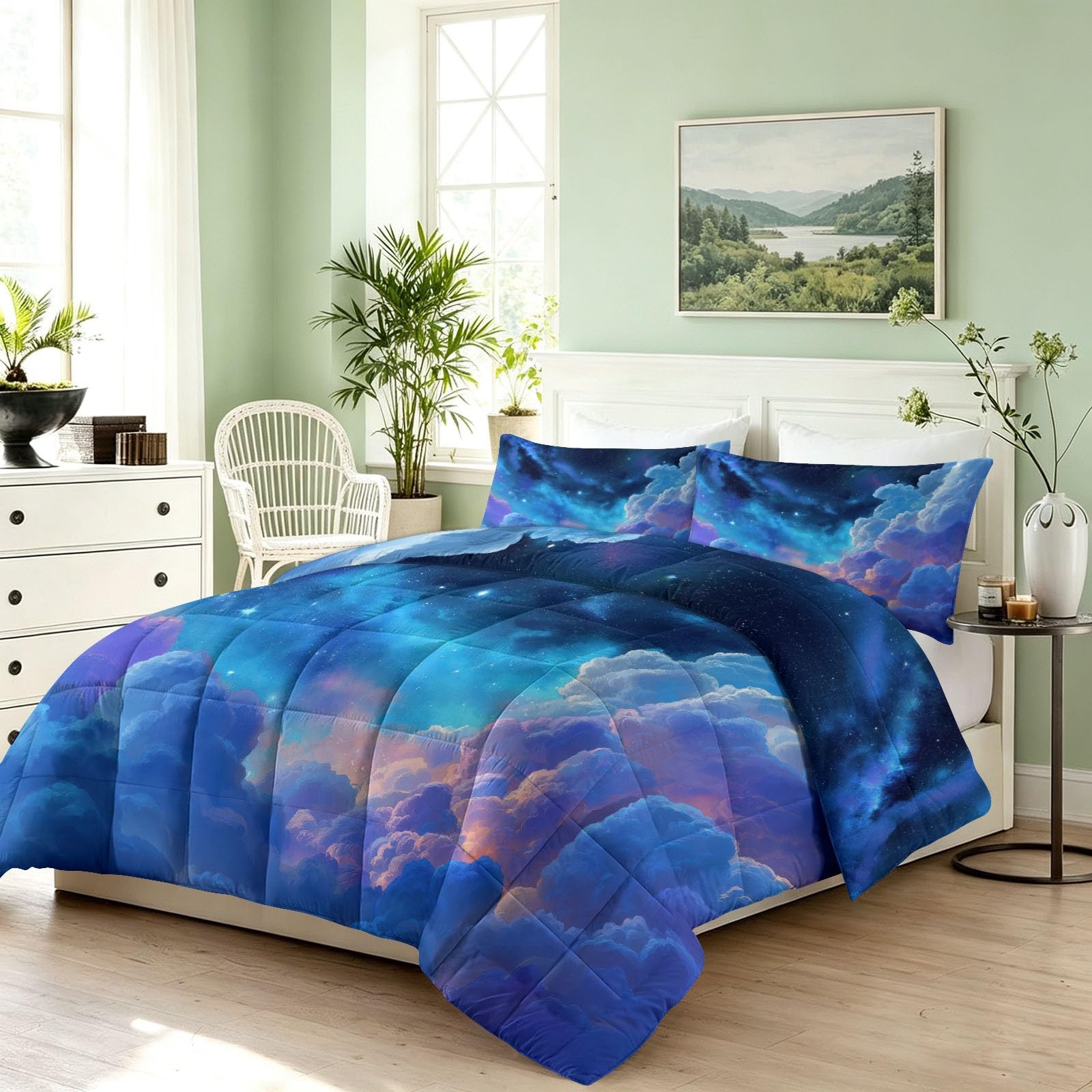 Bettdecke ohne Bezug 135x200 cm Digital Painting Landscape Antiallergisch Leichtsteppbett & Ganzjahresdecke - Waschbar mit 2 Kissenbezügen Cloud Star Glowing Sparkle Weiche und Atmungsaktive Wende