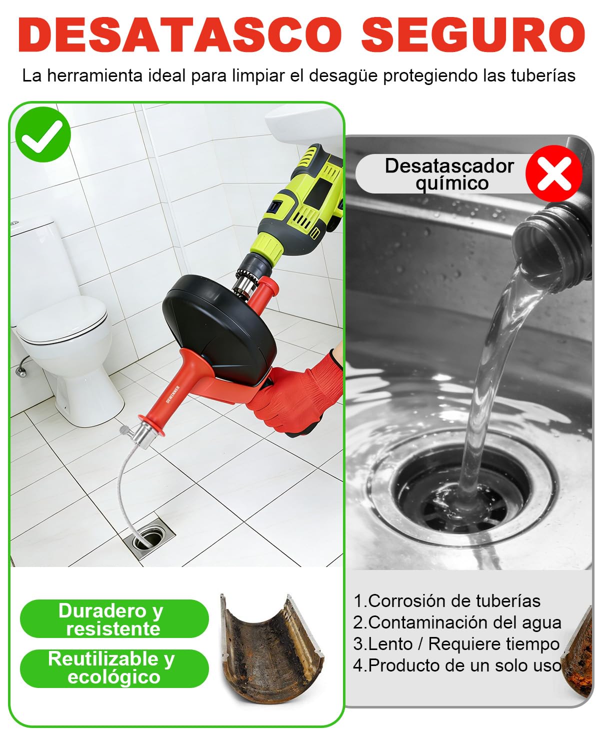 DEWINNER Desatascador de Tuberías 10m Profesional - Kit 2 en 1 Manual y para Taladro, Elimina Atascos de Pelo y Grasa, Guantes y Bolsa - Para Fregadero, Lavabo, Ducha