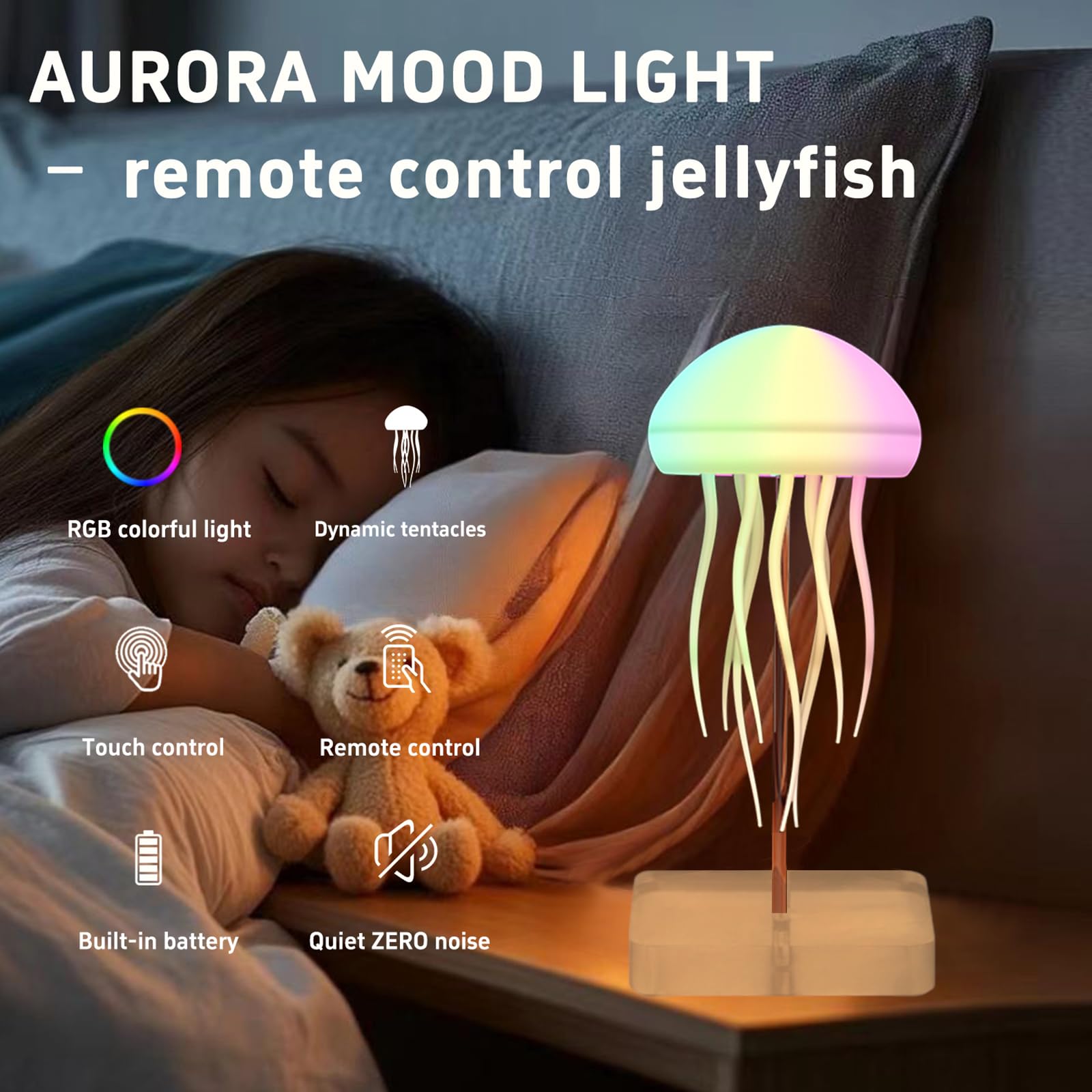 Lampe Meduse Tactile, Veilleuse Méduse Dégradé RGB avec Jambes Dansantes, Jellyfish Lamp Sans Fil Rechargeable pour Chambre et Salon (Modèle Tactile + Socle + Telecommande)