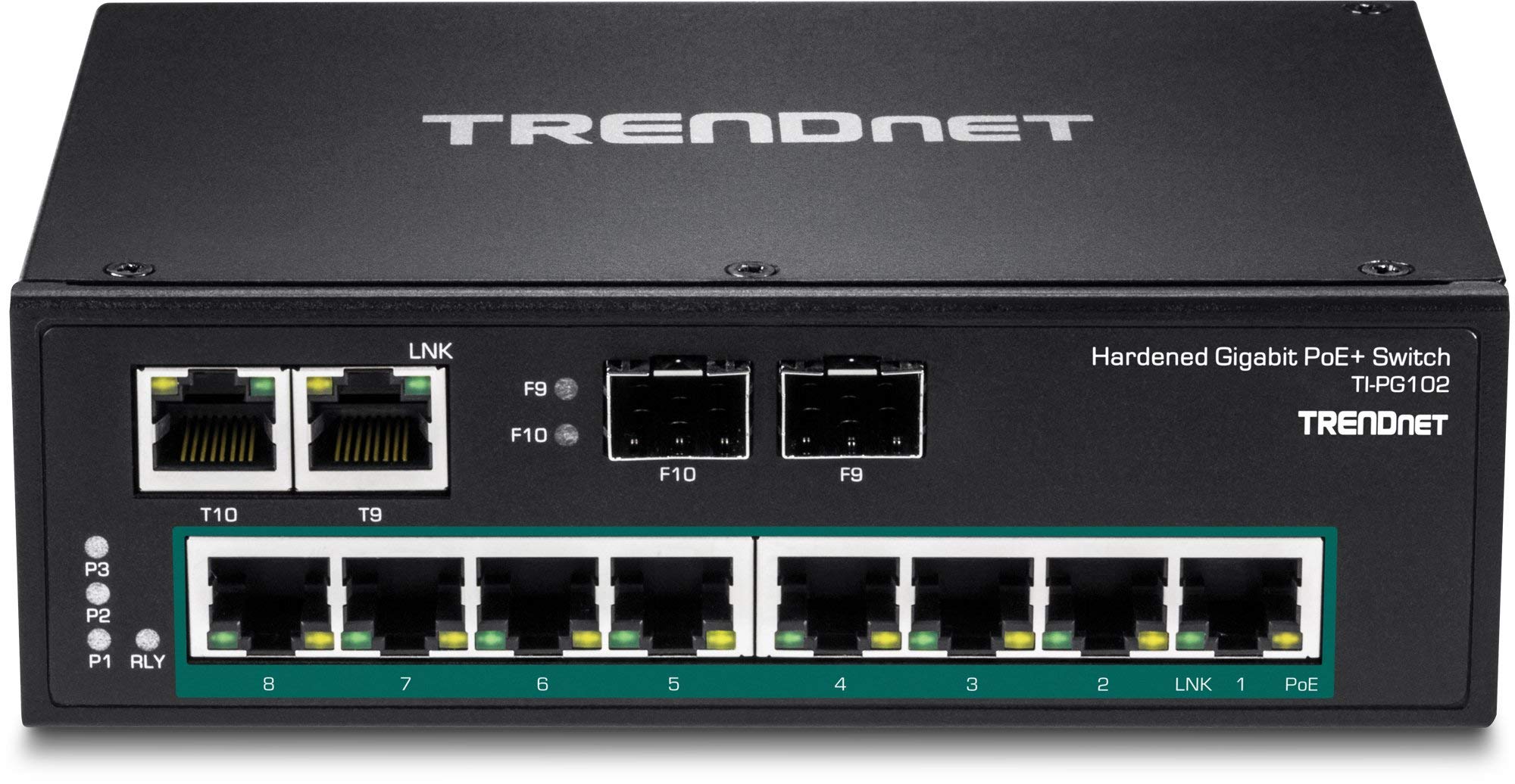 TRENDnet 10-Port Industrial Gigabit PoE+ DIN-Rail Switch, TI-PG102, 8 x Gigabit PoE+ Ports, DIN-Rail Mount, 2 x SFP Slots, 240 W PoE Power Budget, Network Switch, IP30, VLAN, QoS, Renewed