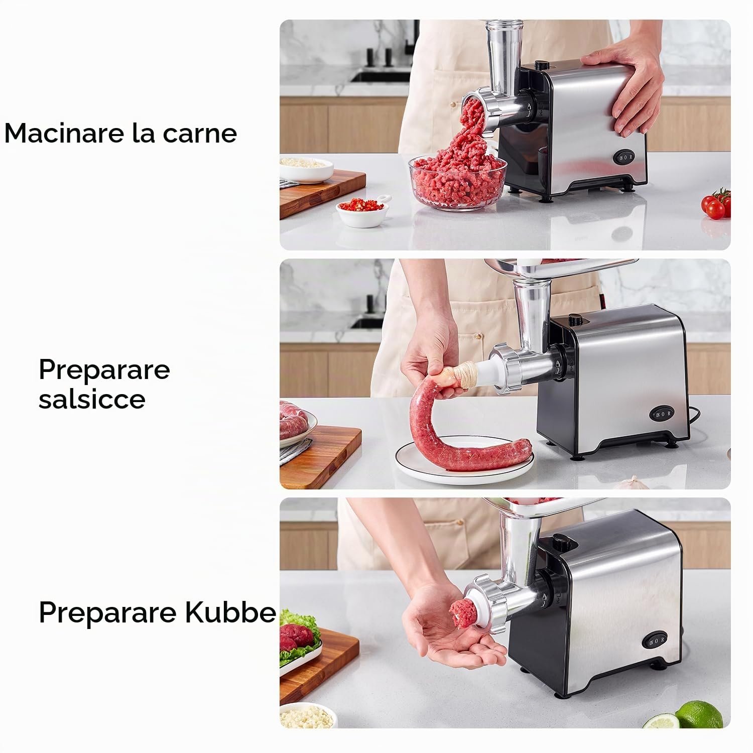 Yabano Tritacarne Elettrico 3 in 1, Macchina per Carne in Acciaio Inox con Accessorio per Salsicce, 3 Piastre di Macinatura, Accessorio per Kubbe e Tubo per Insaccare, per Casa e Cucina