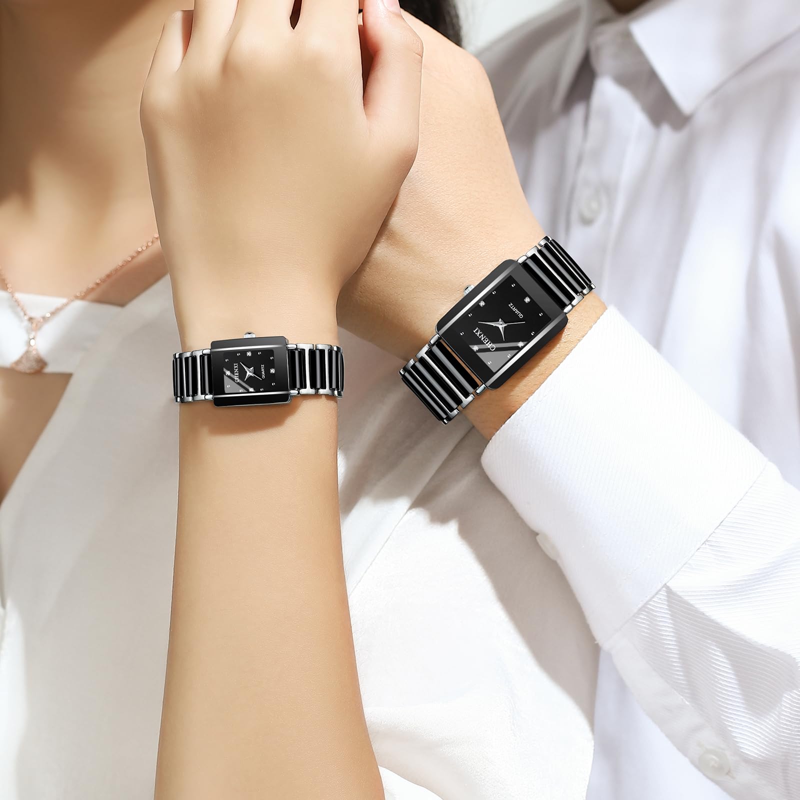 MASTOP Valentines Paar Quarzuhren Weiß Schwarz Rechteck Edelstahl für Sie und Ihn Armbanduhr für Männer Frauen Liebhaber Hochzeit Romantisches Geschenk Set von 2