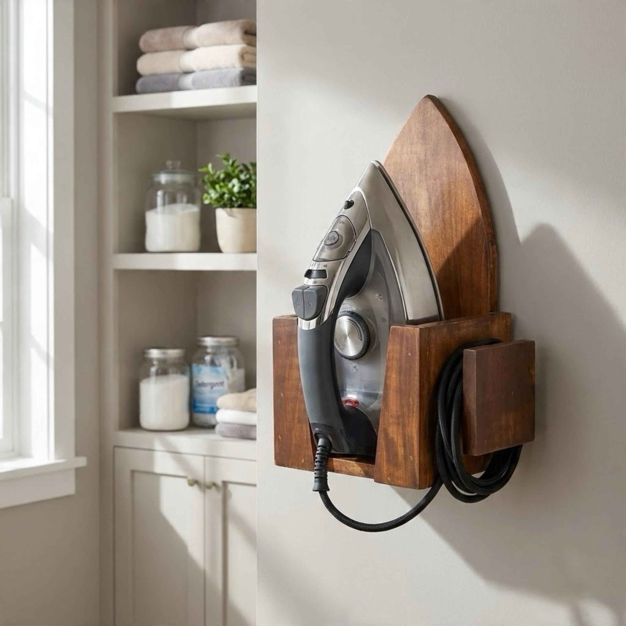 wooden iron stand for wall mount, iron holder with cord organizer, wall mounted ironing storage rack, space saving stand for home, laundry room, brown