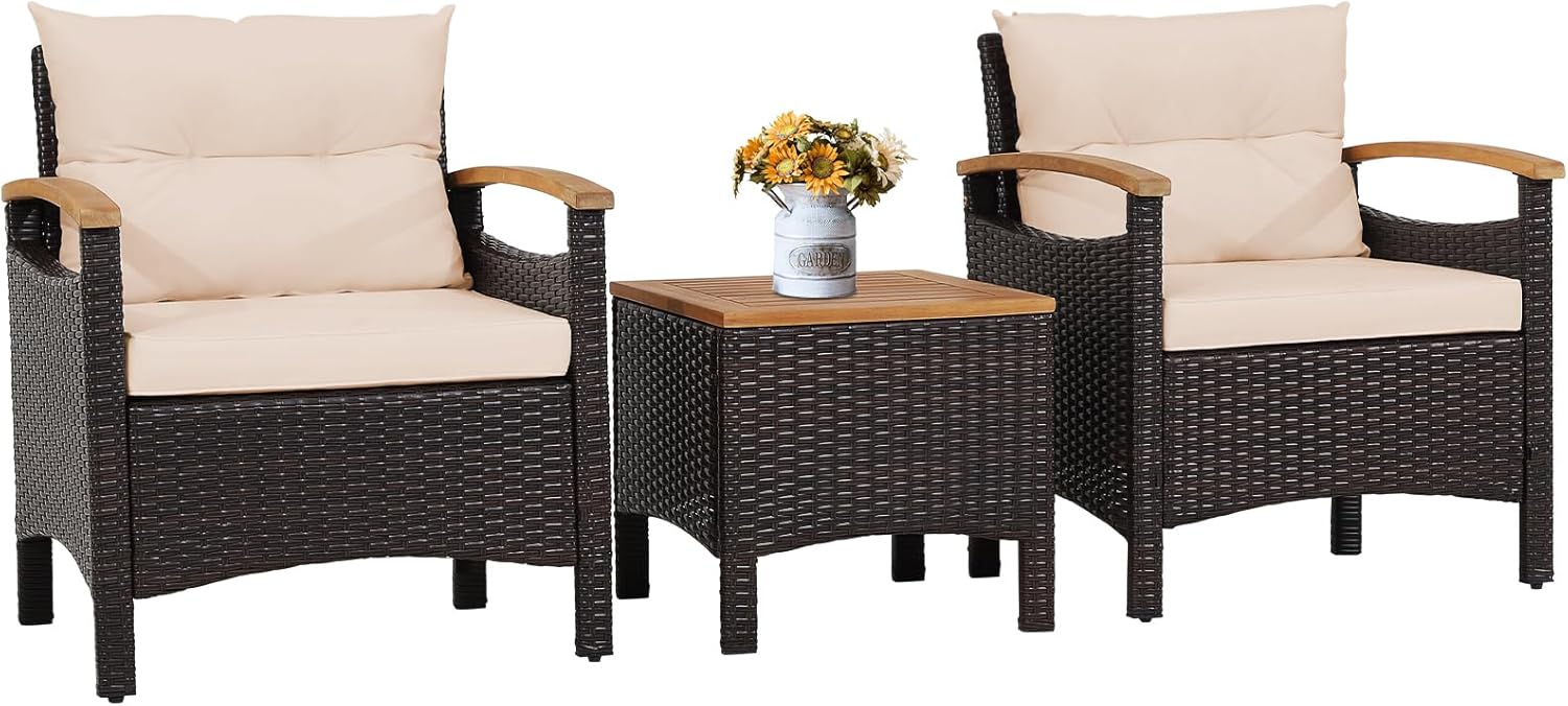 HAPPYGRILL 3 Pieces Patio Rattan Conversation Set, Outdoor PE Wicker Furniture Set with Coffee Table, Soft Seat Cushions & Throw Pillows, Acacia Wood Sofa Set for Patio Courtyard Poolside, Beige