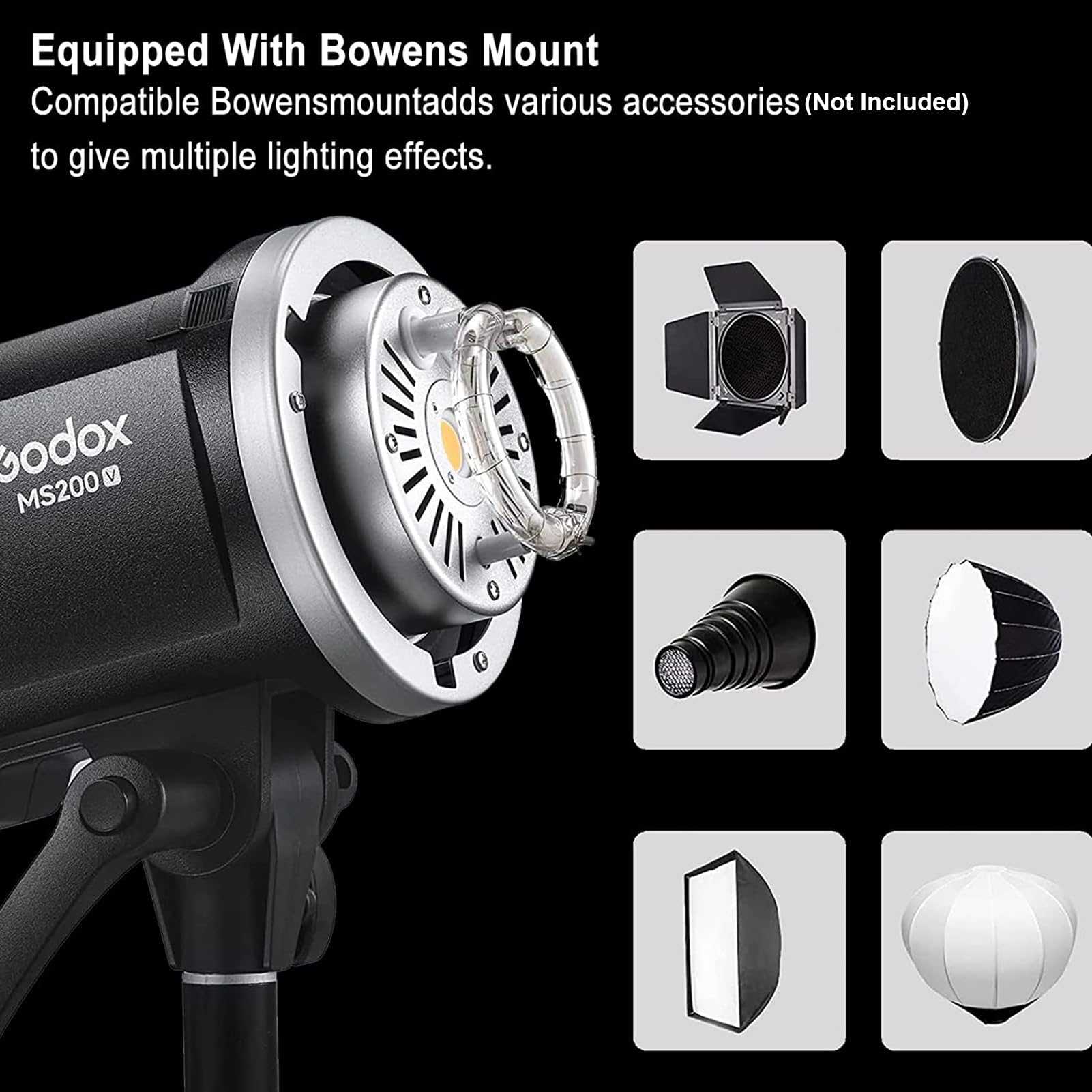 Godox MS200-V Flash de Studio amélioré 200Ws Lumière Stroboscopique GN53 0.1-1.8S Temps de Recyclage 5600 ± 200K Système X sans Fil 2.4G avec Lampe de Modélisation LED 10W Monture Bowens