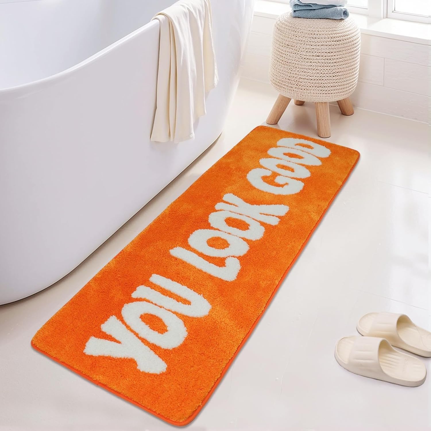 GYFGRTQ Long Bath Mat for Bathroom Humorous Runner Rug for Bathtub Dorm Shower Modern Decorative 20x60 Inch, Orange, 51x81 cm (Oblong)