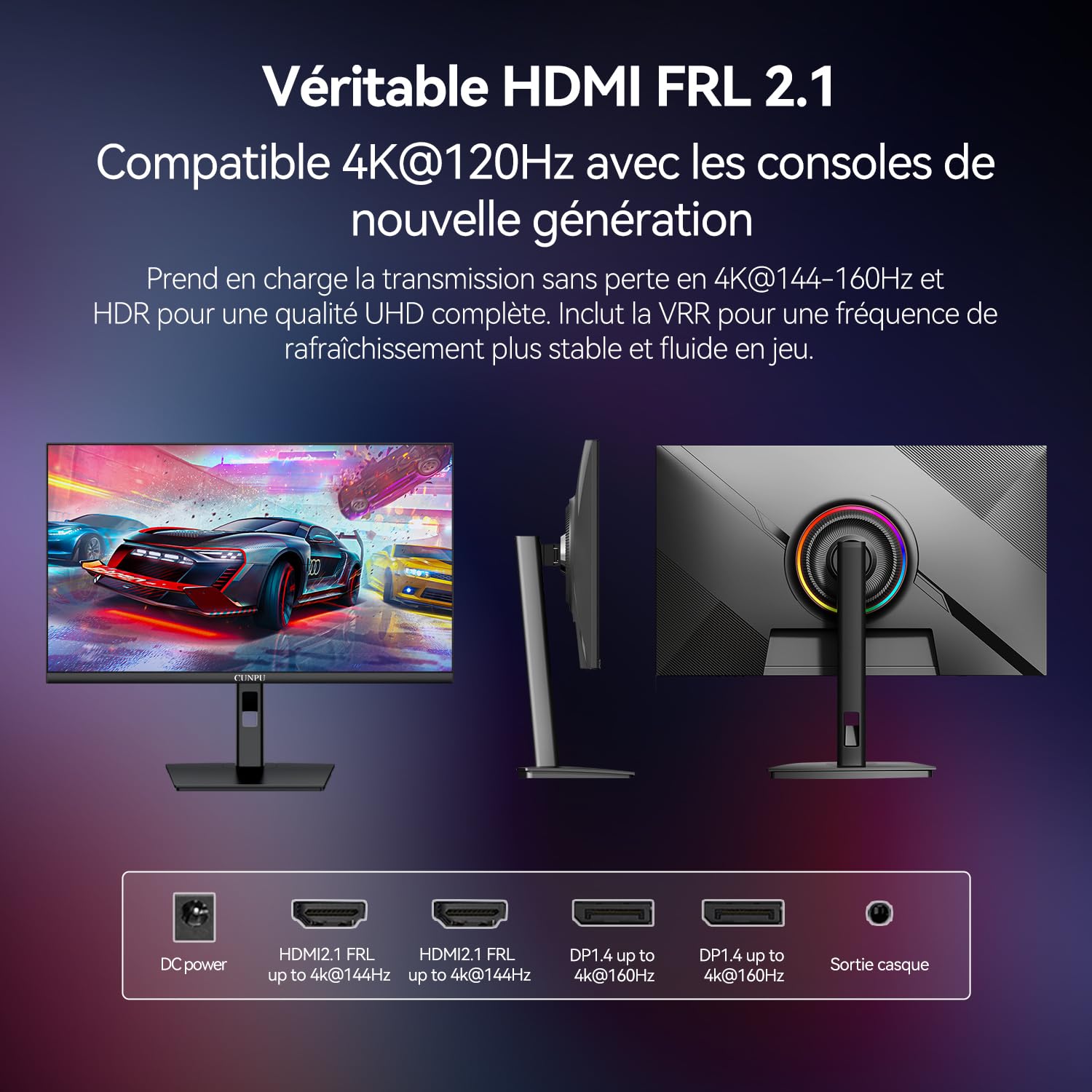CUNPU Écran PC 27 Pouces 4K 160Hz, Fast IPS 1ms, HDR400, Réglable en Hauteur, 135% sRGB,100% Adobe RGB,100% DCI-P3, 2X HDMI 2.1 for PS4/5/XBOX 4K 120Hz & 2X DP 1.4, Protection oculaire