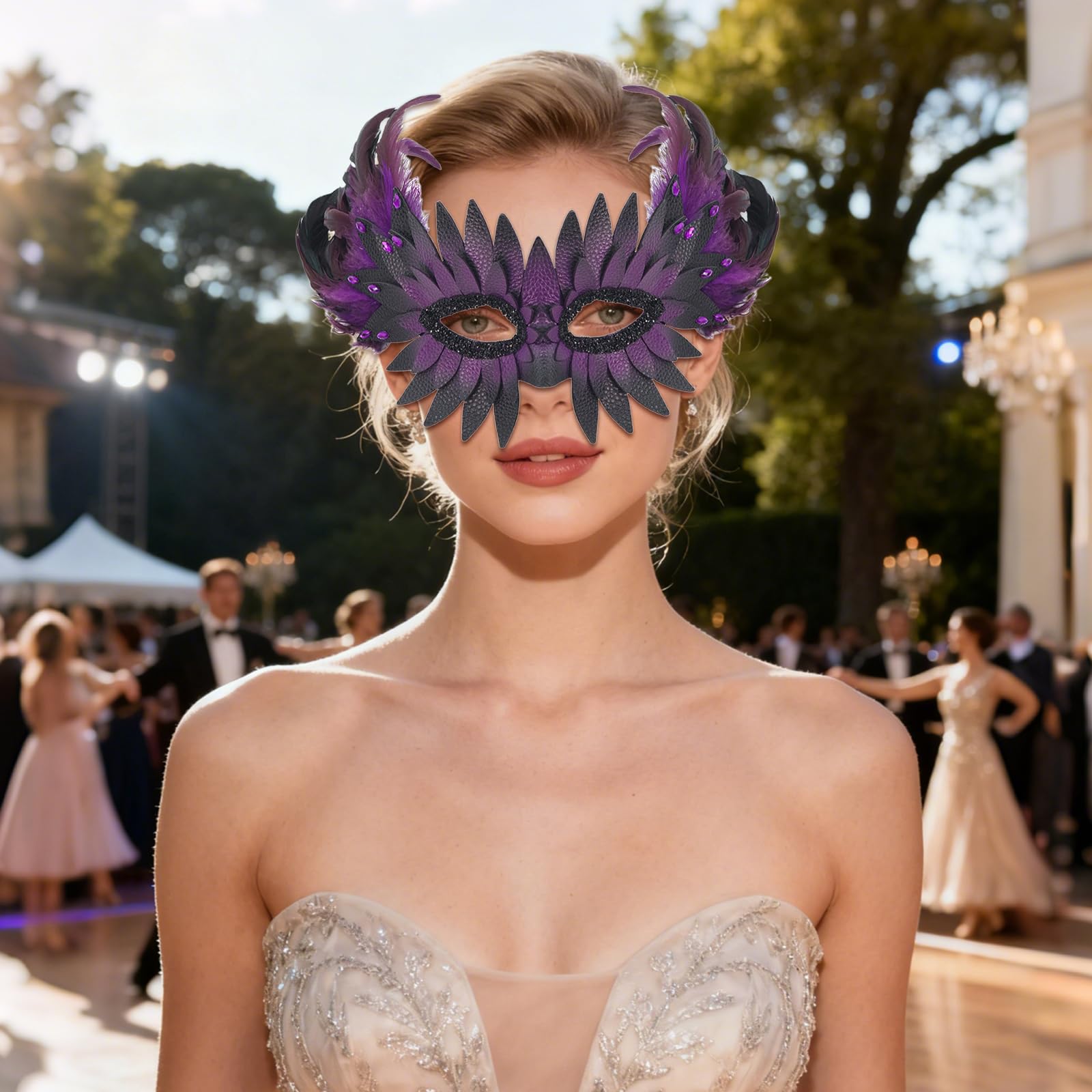 JewelryWe Maska wenecka dla mężczyzn i kobiet, gotycka, skóra PU, sowy, półmaska z piórami/strasem, maska maskowa, maska zwierzęca, maska ptaka, kostium na imprezę tematyczną, karnawał, Halloween