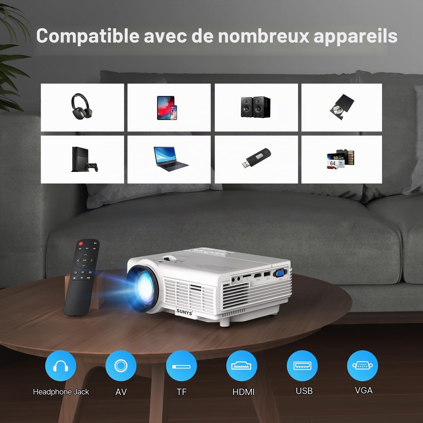 Bluetooth Mini Projecteur with Portable Bag, 10000L Videoprojecteur 1080P Full HD Supportée LCD Video Projecteur, Compatible avec PC/PS4/Firestick/USB/HDMI/AV, Home Cinema Projecteur