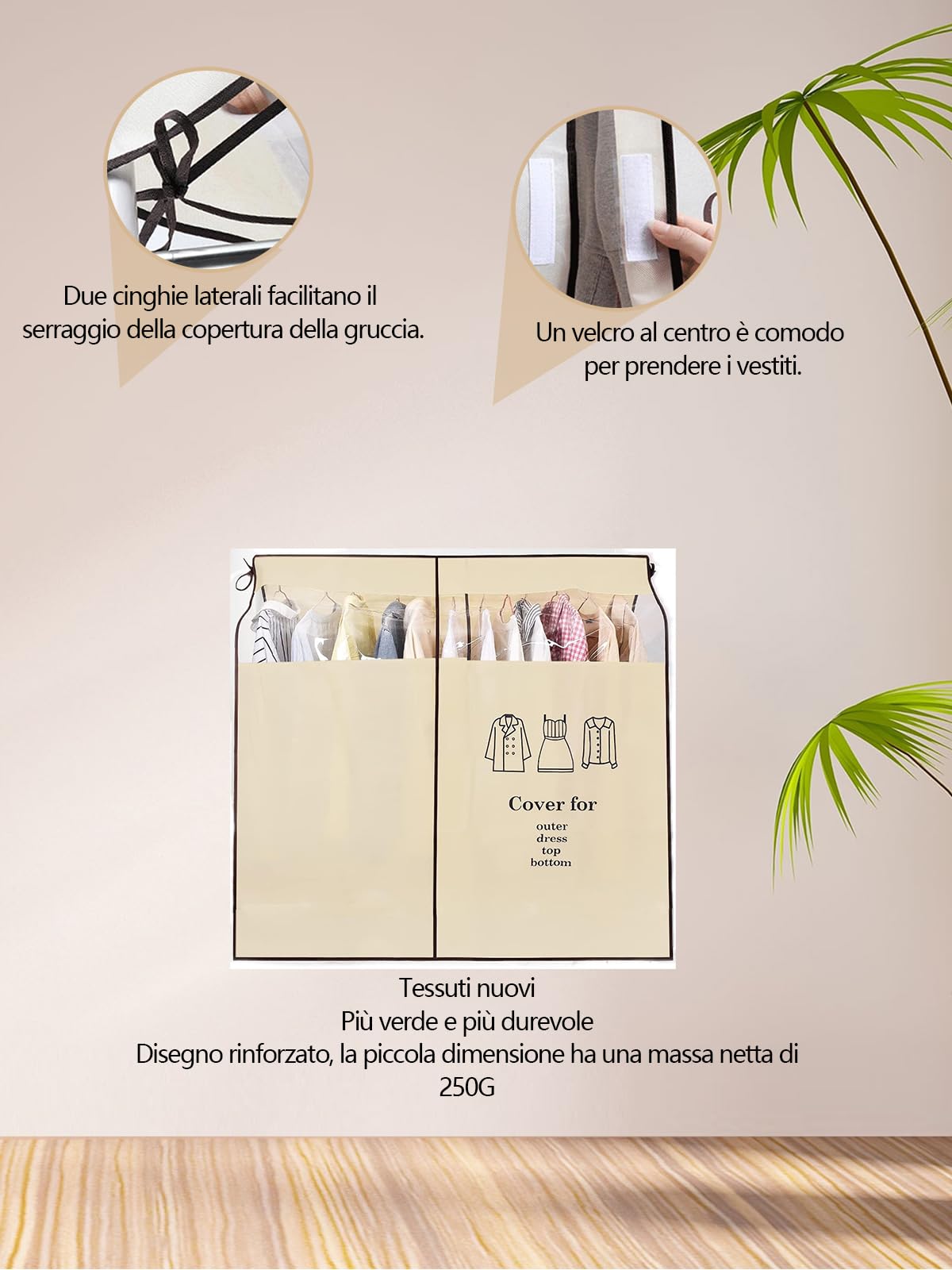 2PCS Copriabiti Antipolvere per Armadio 120 x 120 cm Copertura Protettiva per Stand Appendiabiti in Tessuto Traspirante con Finestra Trasparente Visibile Beige con Cerniera