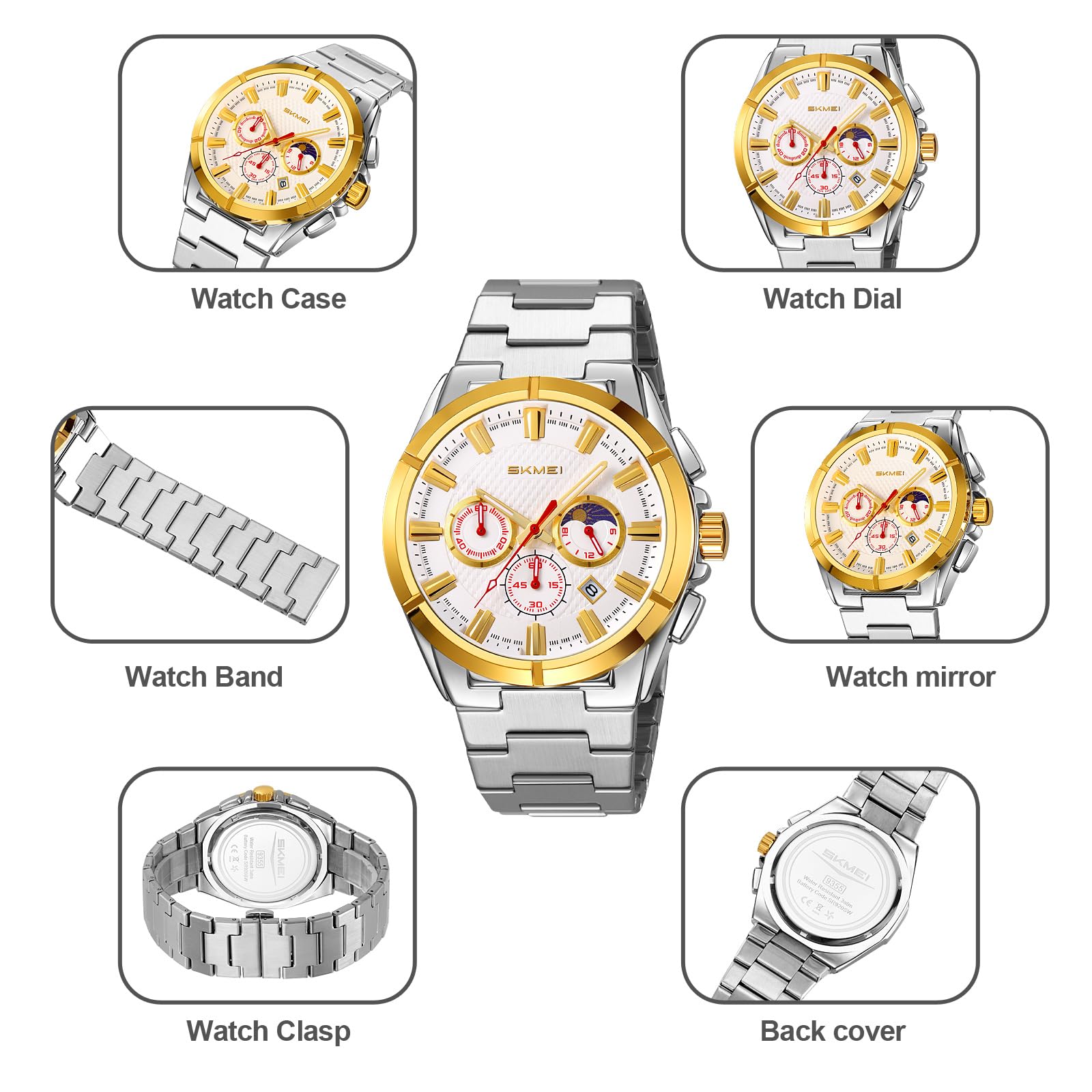MASTOP Reloj de lujo para hombre con fase lunar clásico, multifuncional, cronógrafo, cronómetro, visualización de fecha, vestido de negocios, impermeable, luminoso, reloj de pulsera de acero