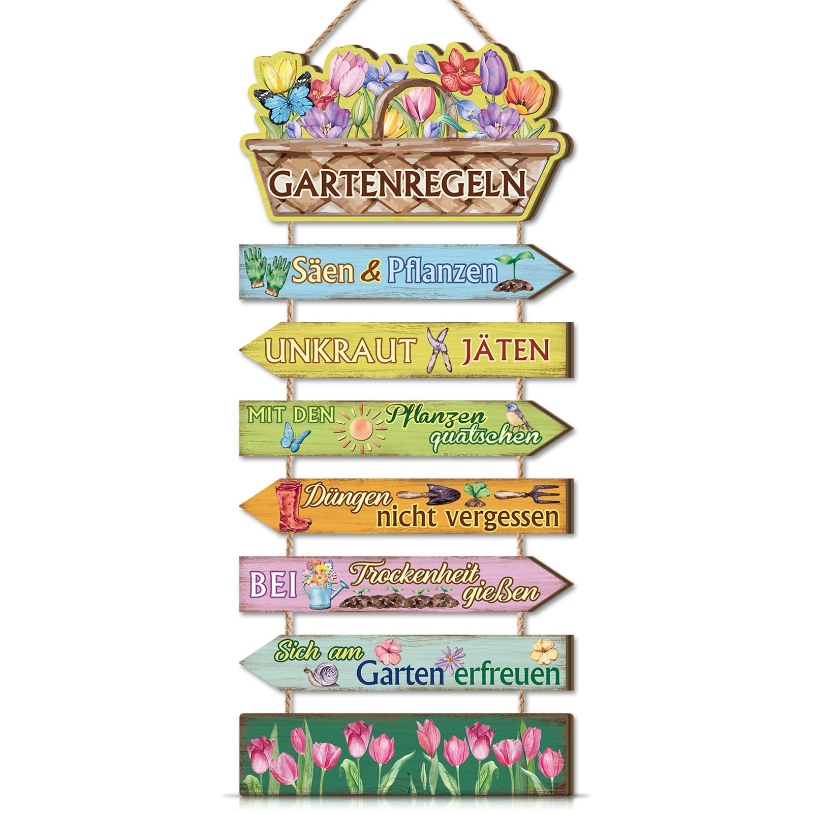 BINCUE Gartenregeln Schild,Schilder Garten mit Sprüchen,Türkranz Frühling Willkommensschild haustür Deko,Gärtner Geschenke,Pflanzen Blumen Frühling Deko für Außenbereich Gartenhaus Terrasse Balkon