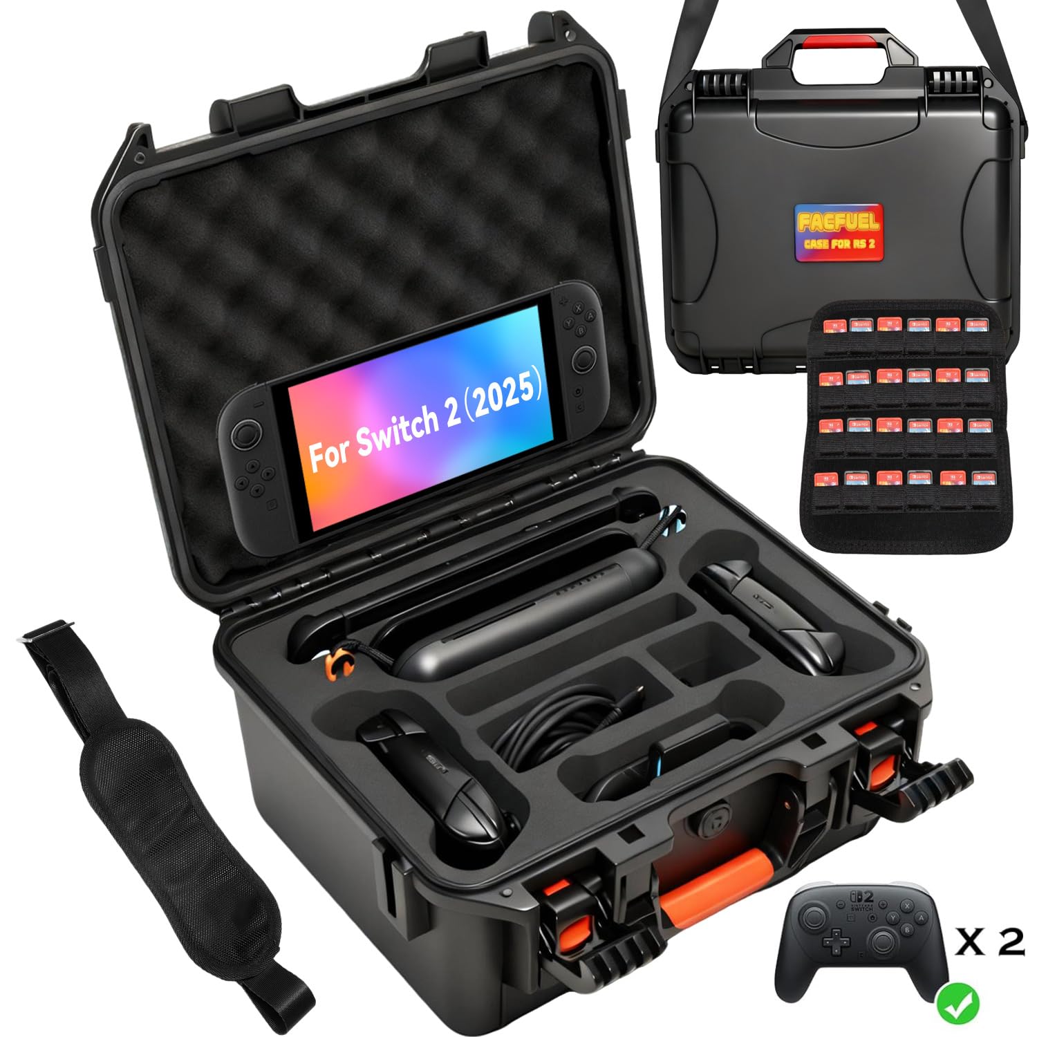 FACFUEL Switch 2 Hard Case, IP67 Waterproof Switch 2 Carrying Case, Soft Lining Switch 2 Travel Box with Game Card Bag, All in One Protective Bag for 2 Pro Controllers and Accessories 2025