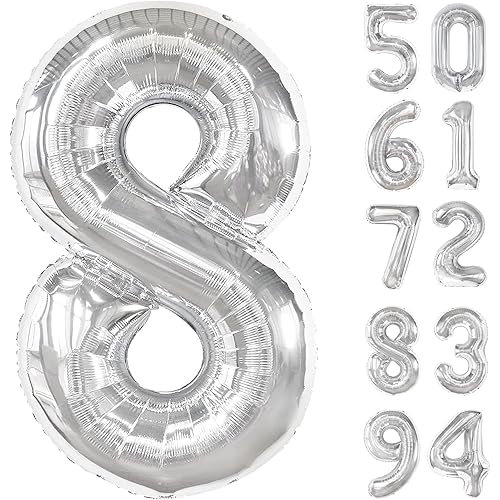 Silver 8 Balloon, Number Balloons 40 Inch, 8th Birthday Decorations for Boys Girls, Silver Birthday Balloons, Silver Party Supplies, Number 8 Balloon