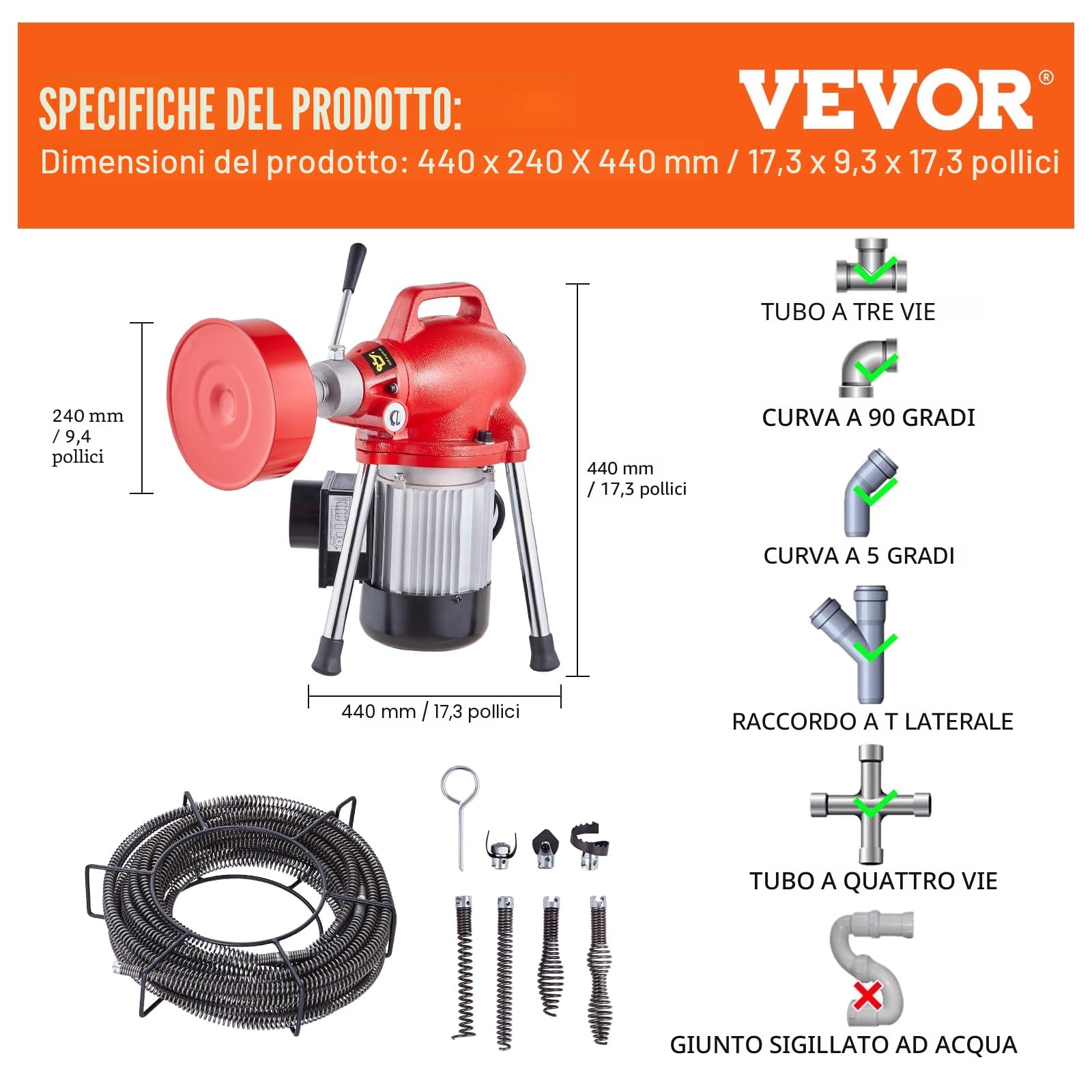 VEVOR Sturatubi Elettrico 20 mx 16 mm Macchina Pulisci Tubi 250 W Alimentazione Manuale 7 Taglierine, 2 Cavi in ​​Acciaio 20 mx 16 mm/4,6 mx 9,5 mm, Comando CW/CCW per Tubi da 4-10 cm
