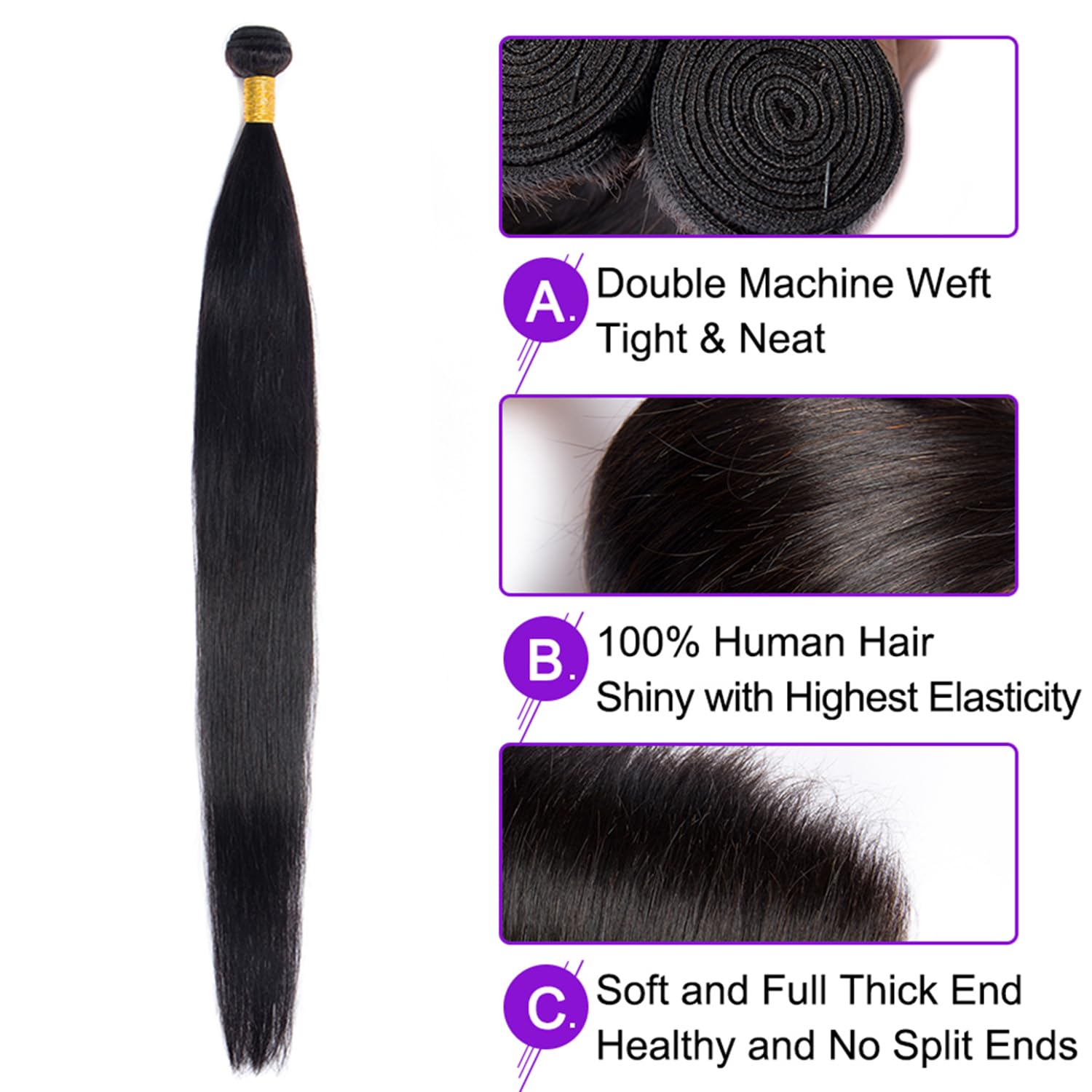 Tissage Naturel Cheveux Humain Straight Human Hair Bundles Double Weft 3 Extensions 50g/Per Nature Black #1B Couleur Tissage en lot Cheveux Naturel 30 32 34 Pouce