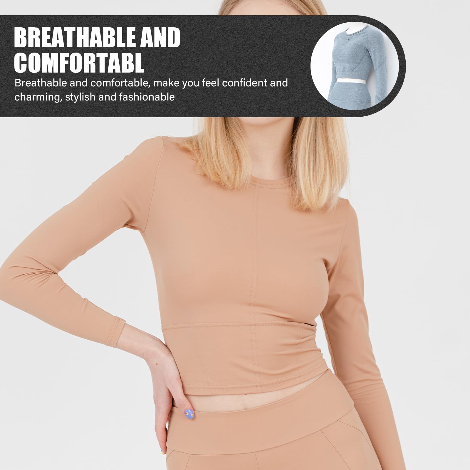 VILLCASE Completo Yoga Donna Senza Cuciture, Set Abbigliamento Fitness a Vita Alta, Maniche Lunghe, Blu, per Appassionate di Yoga, Fitness e Uso Quotidiano