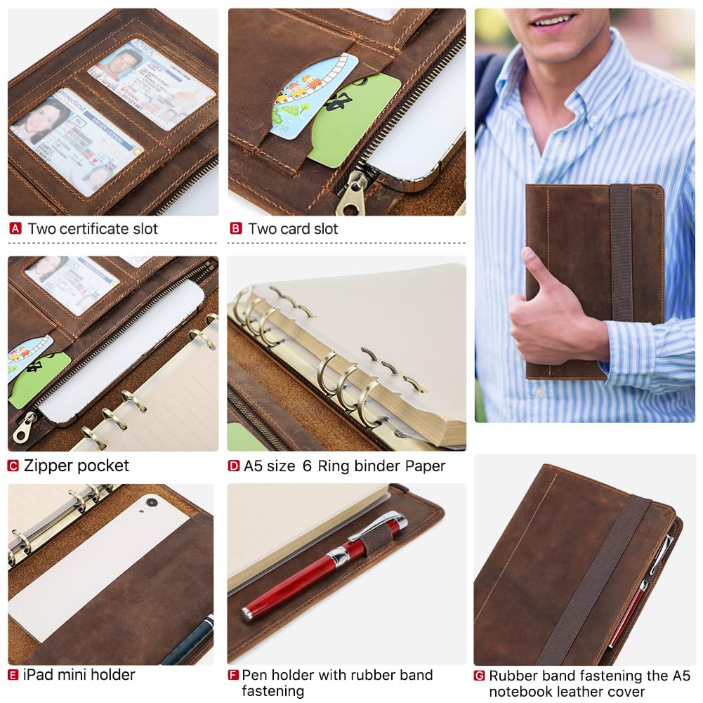 Hiram Custodia in pelle per notebook A5 con raccoglitore a 6 anelli multifunzione in pelle A5 cartella per notebook con tasca per tablet per ipad mini