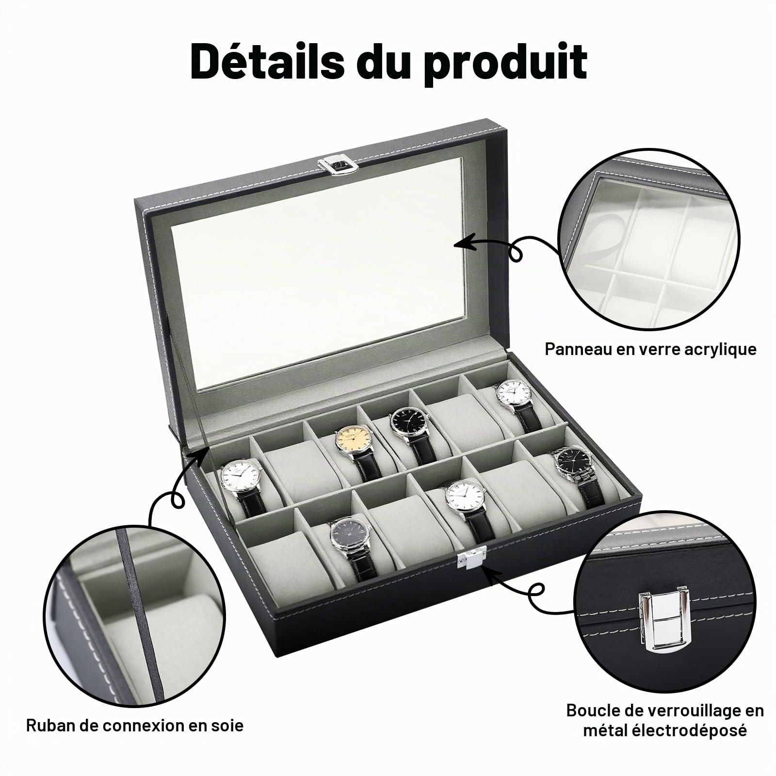 Boîte à Montres 12 Emplacements Coffret à Montres en PU Cuir avec Coussinets Amovibles Rangement Montre Universel Homme Femme Cadeau Anniversaire Action de Grâce