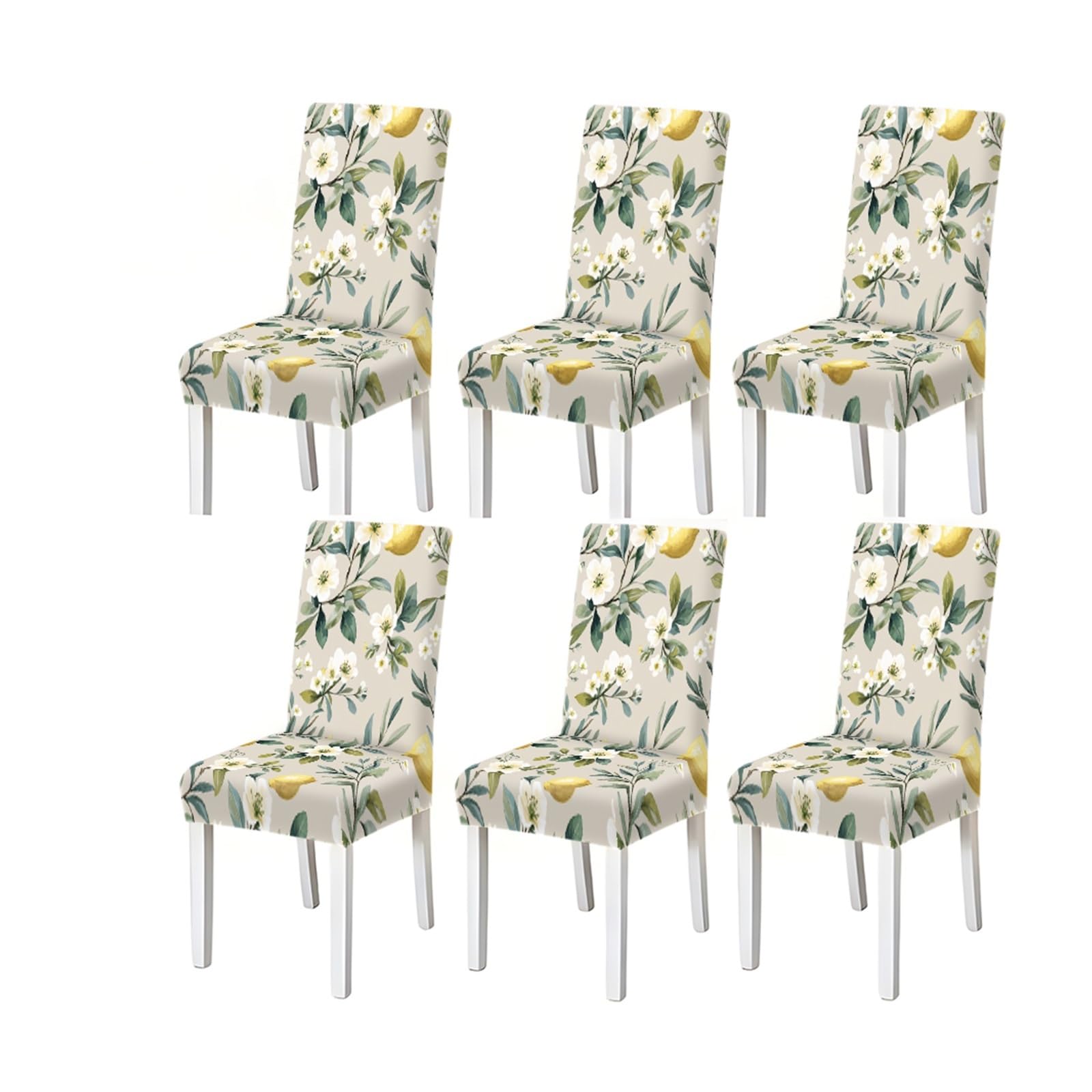 BOSUYBN Beige Lemon White Flower Floral Print Dining Chair Covers, Stretch Slipcovers For Home Kitchen Dining Room Party, 2/4/6PCS Furniture Protectors for Home Dining Room(6PCSChair cover)